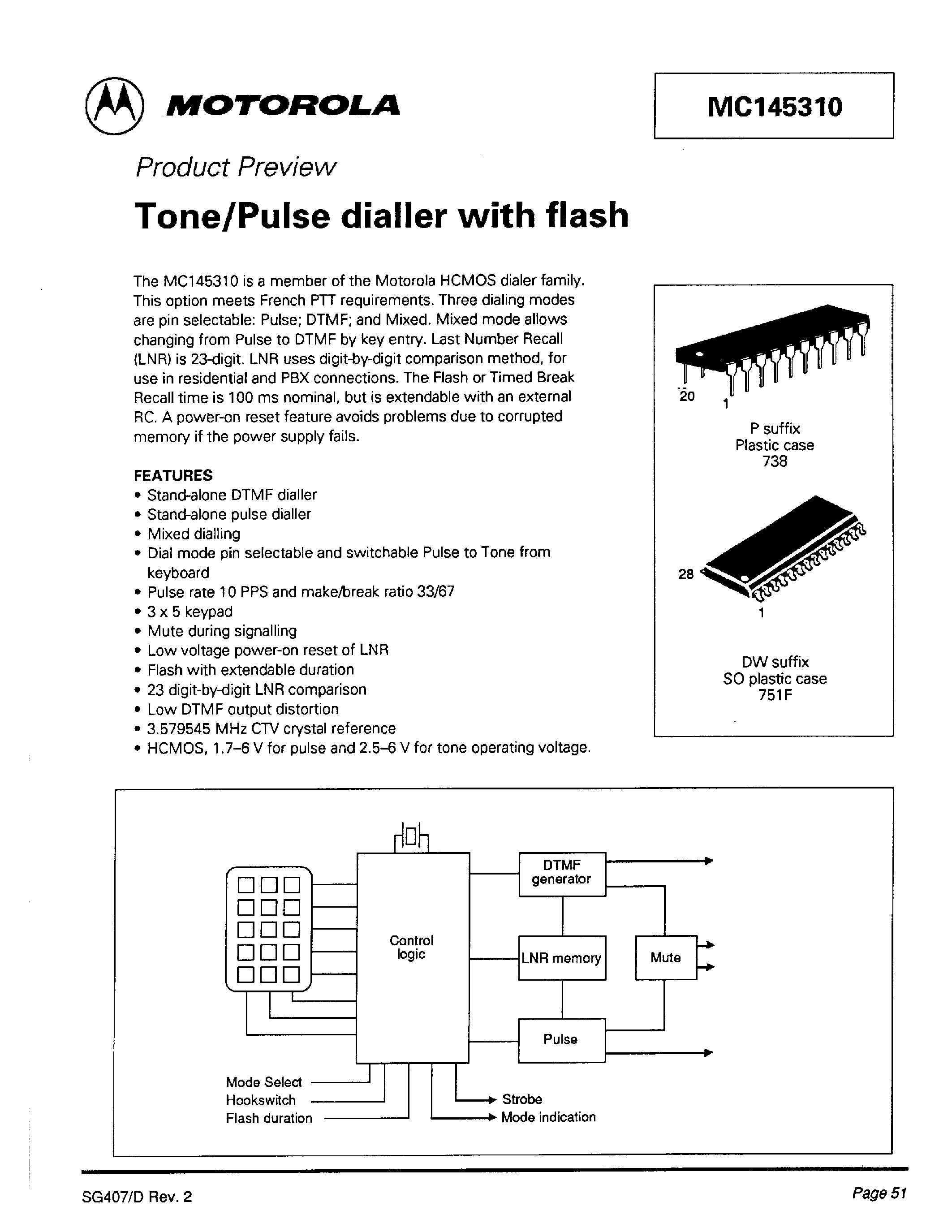 Даташит MC145310 - Tone/Pulse dialler with flash страница 1