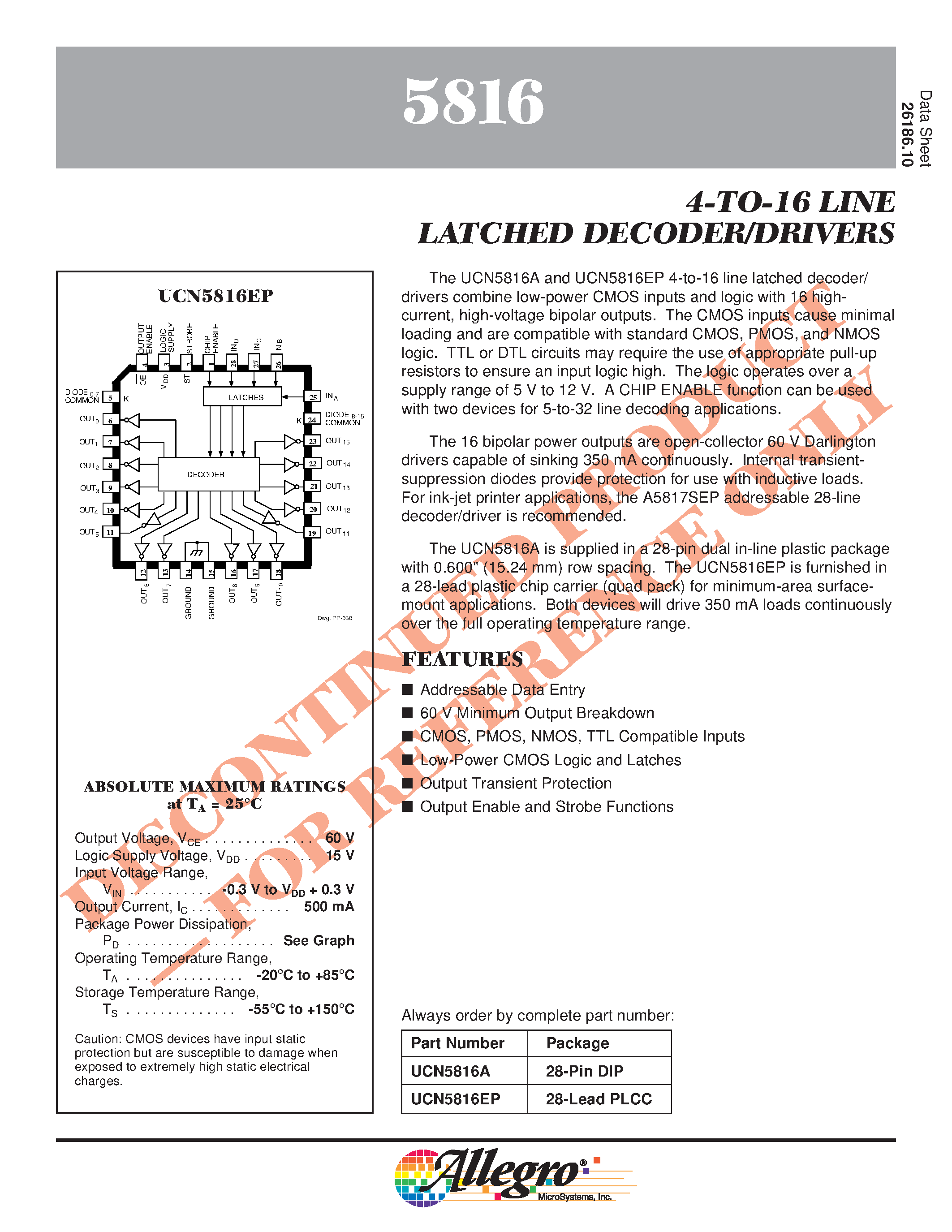 Datasheet UCN5816 - 4-TO-16 LINE LATCHED DECODER/DRIVERS page 1