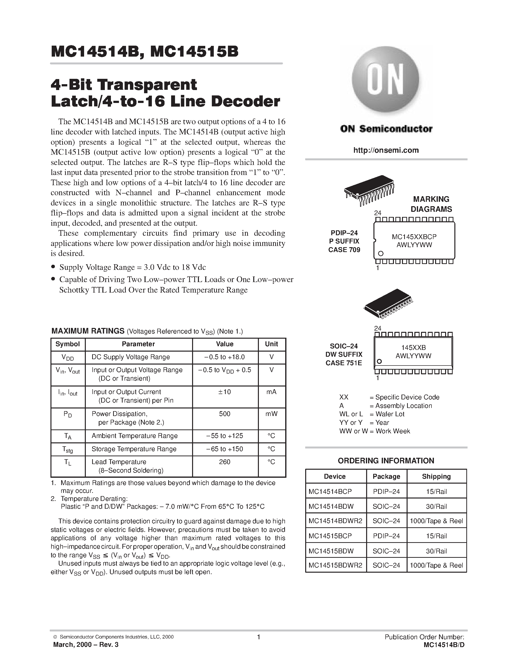 Даташит MC14515 - 4-Bit Transparent Latch/4-to-16 Line Decoder страница 1