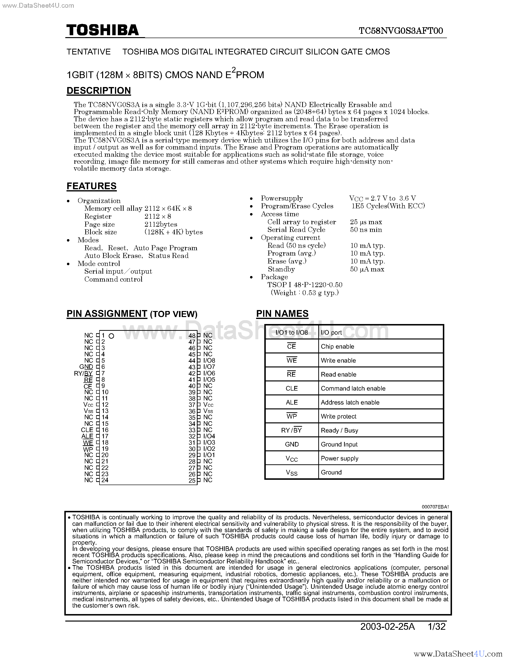 Datasheet TC58NVG0S3AFT00 - 1 GBit CMOS NAND EPROM page 1