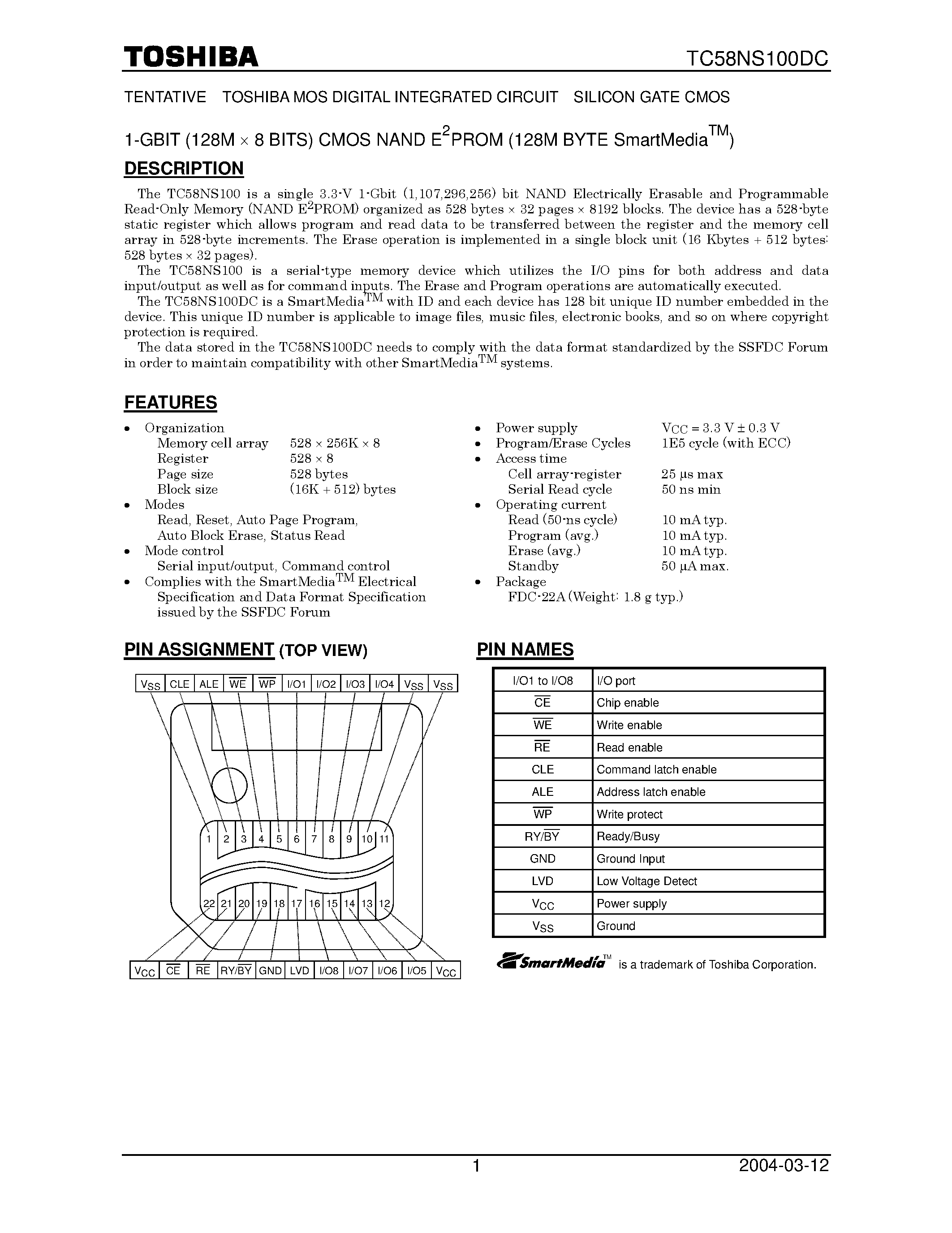 Datasheet TC58NS100DC - 1 GBit CMOS NAND EPROM page 1