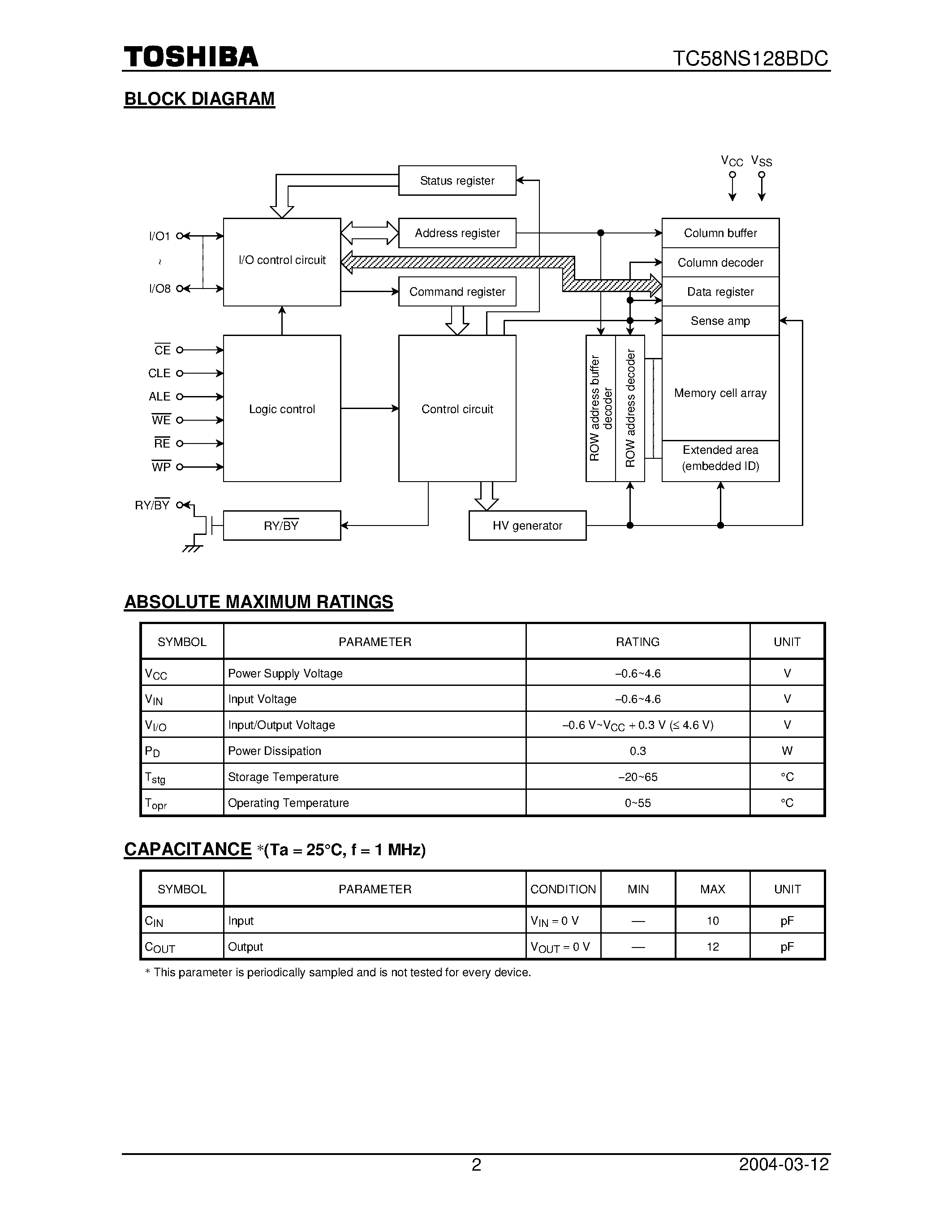 Datasheet TC58NS128BDC - 128 MBit CMOS NAND EPROM page 2