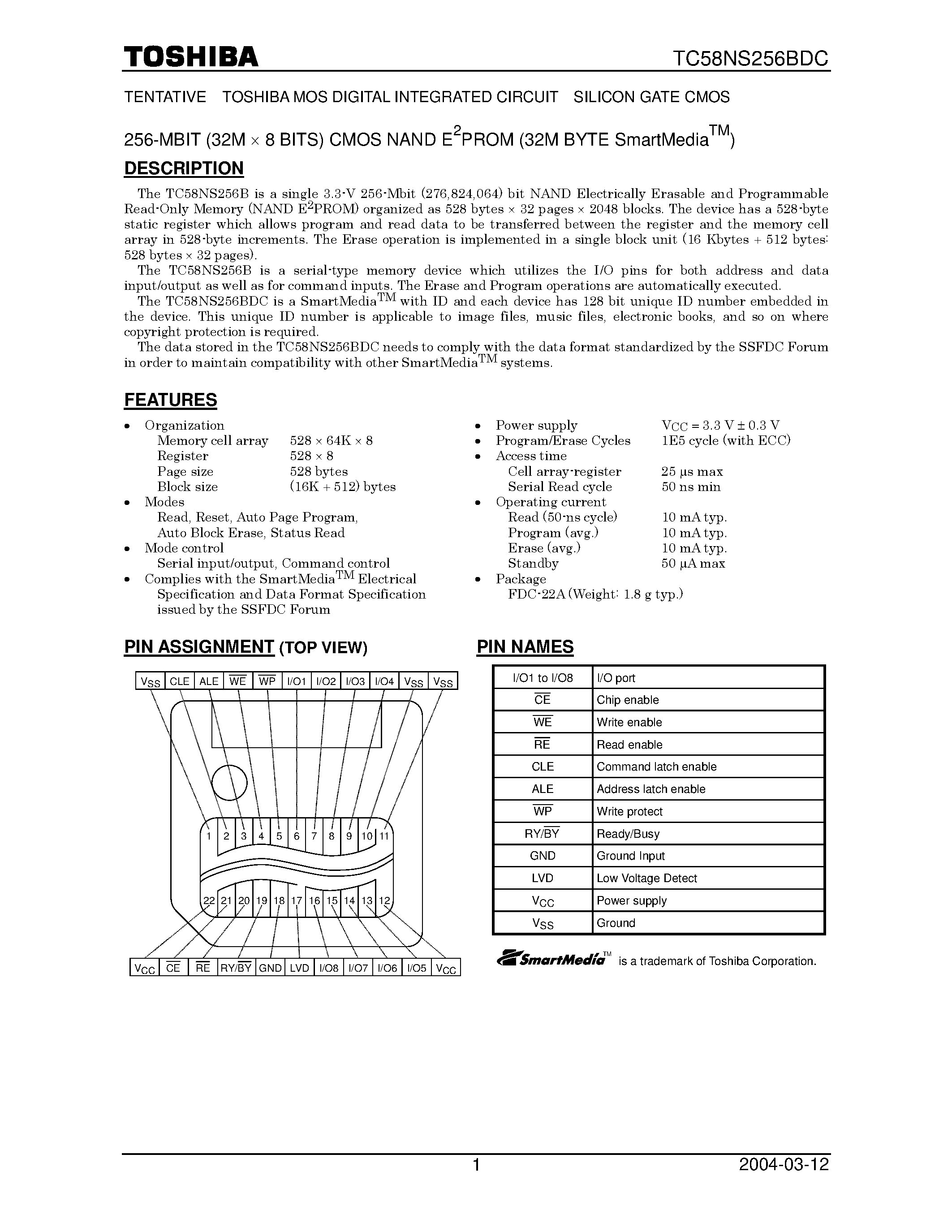 Datasheet TC58NS256BDC - 256 MBit CMOS NAND EPROM page 1