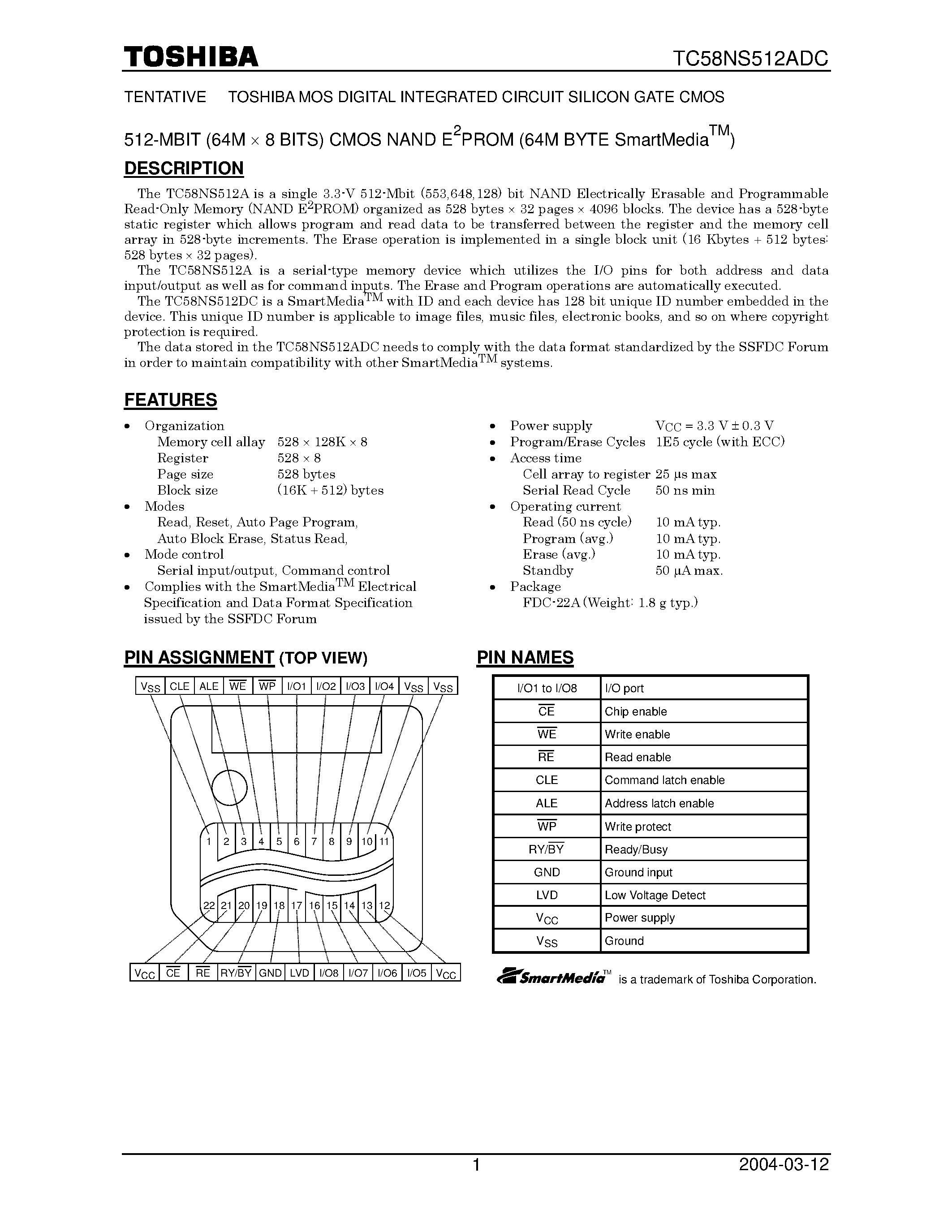 Datasheet TC58NS512ADC - 512 MBit CMOS NAND EPROM page 1