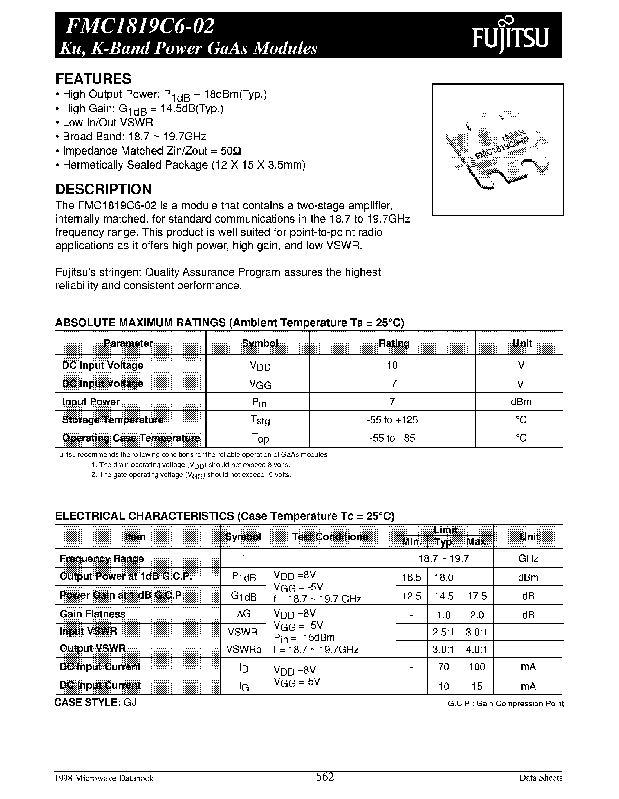 Даташит FMC1819C6-02 - K-Band Power GaAs Modules страница 1