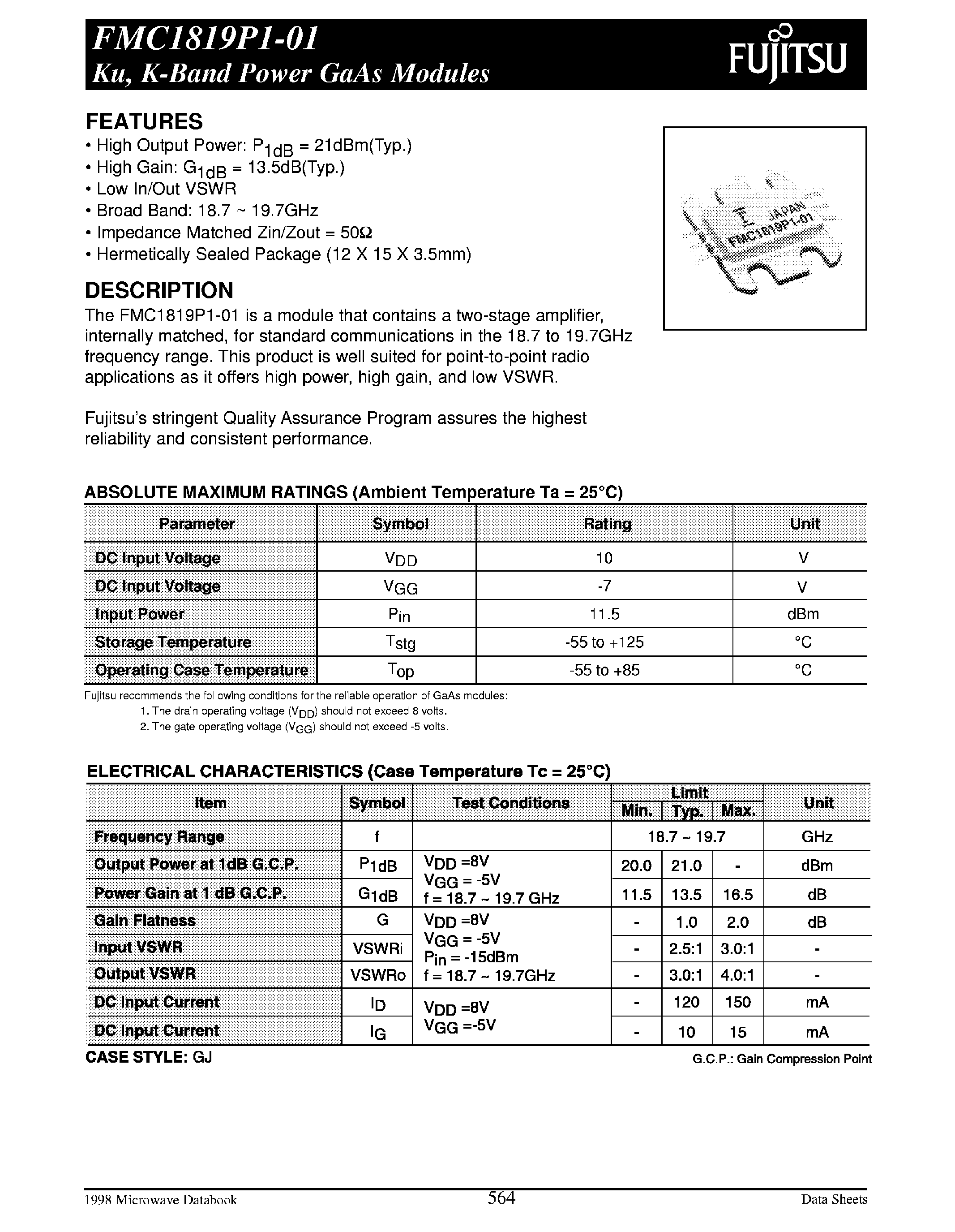 Даташит FMC1819P1-01 - K-Band Power GaAs Modules страница 1