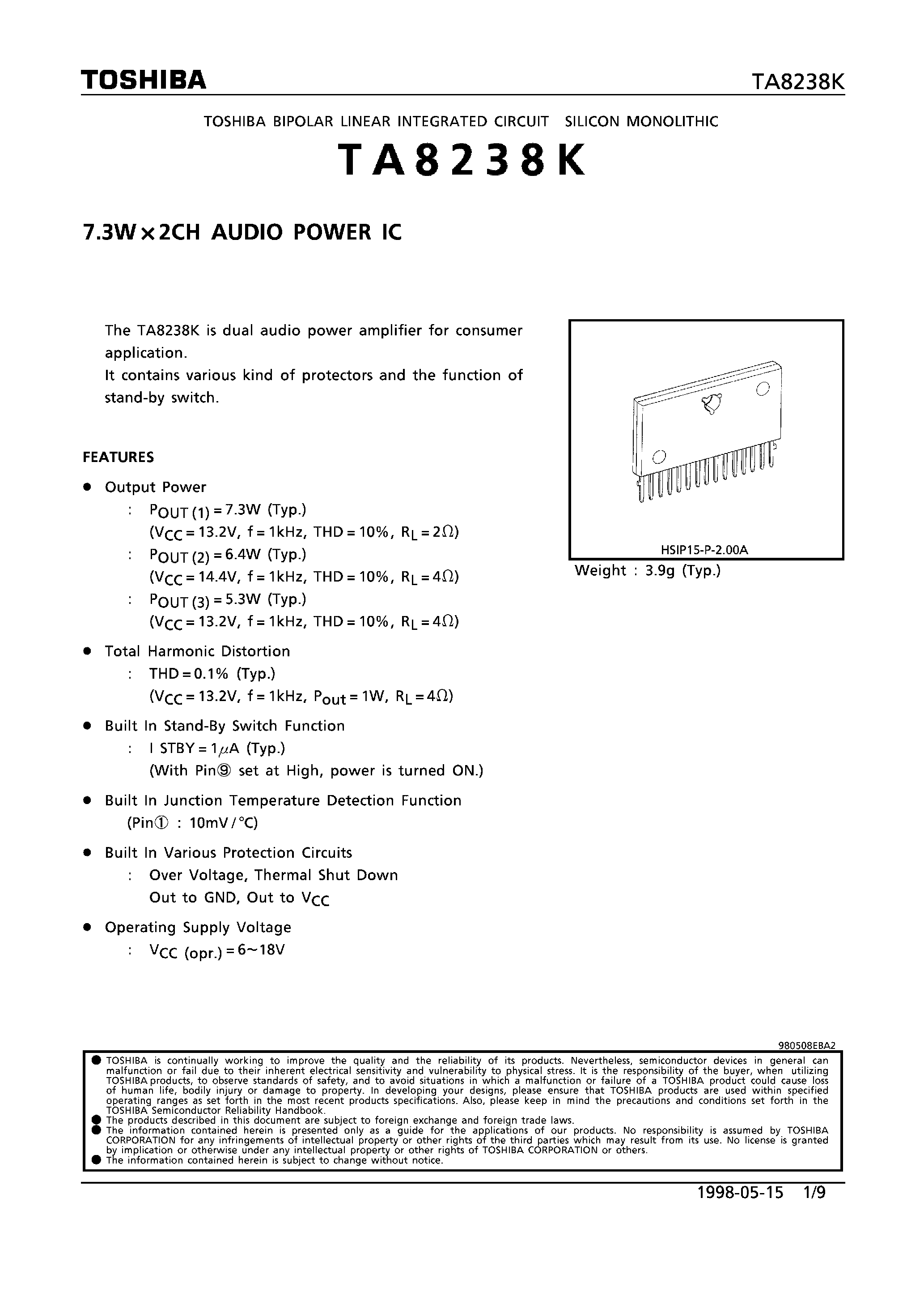 Даташит TA8238K - 7.3W x 2CH AUDIO POWER IC страница 1