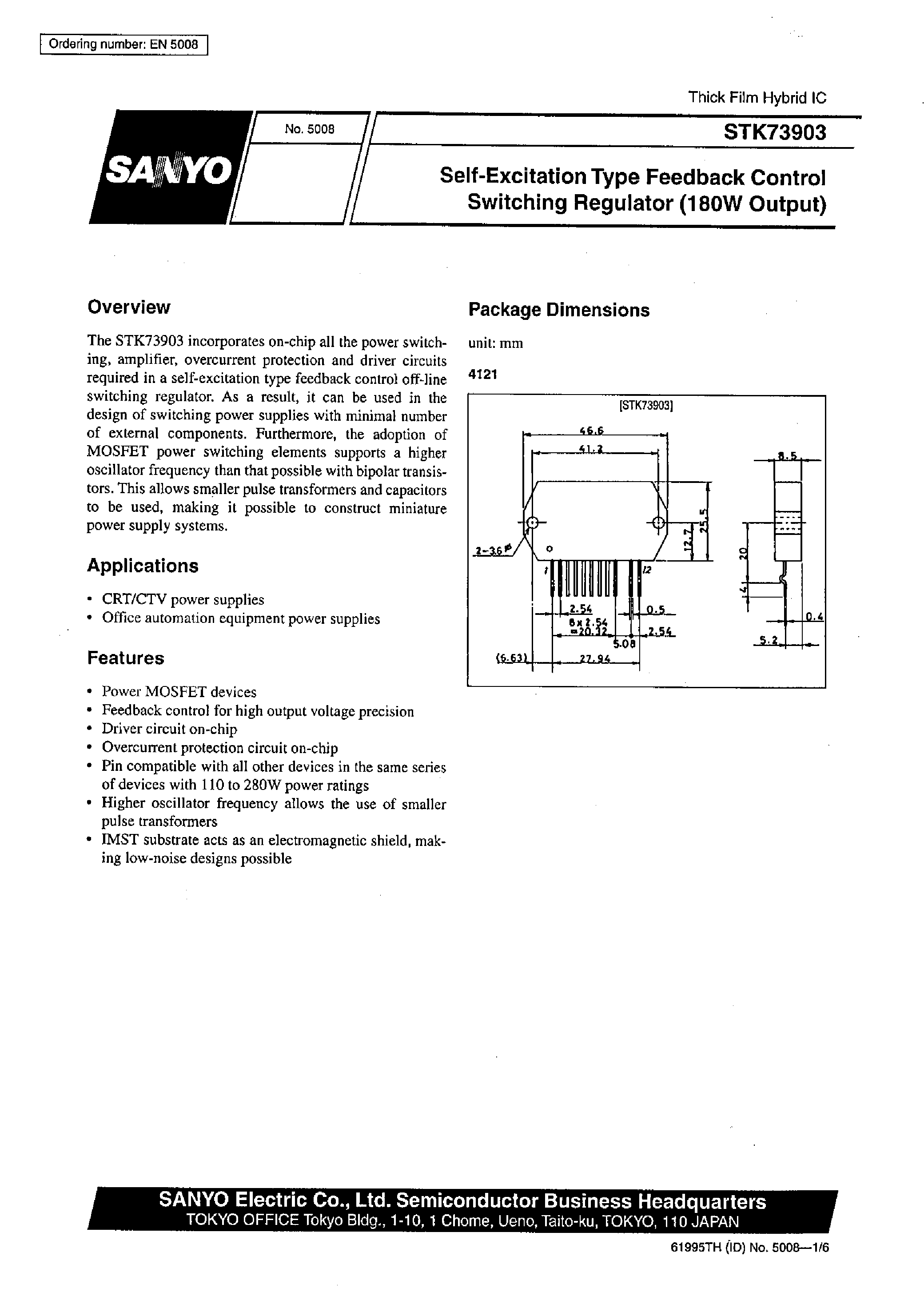 Datasheet STK73909 - Self-Excitation Type Feedback Control Switching Regulator page 1