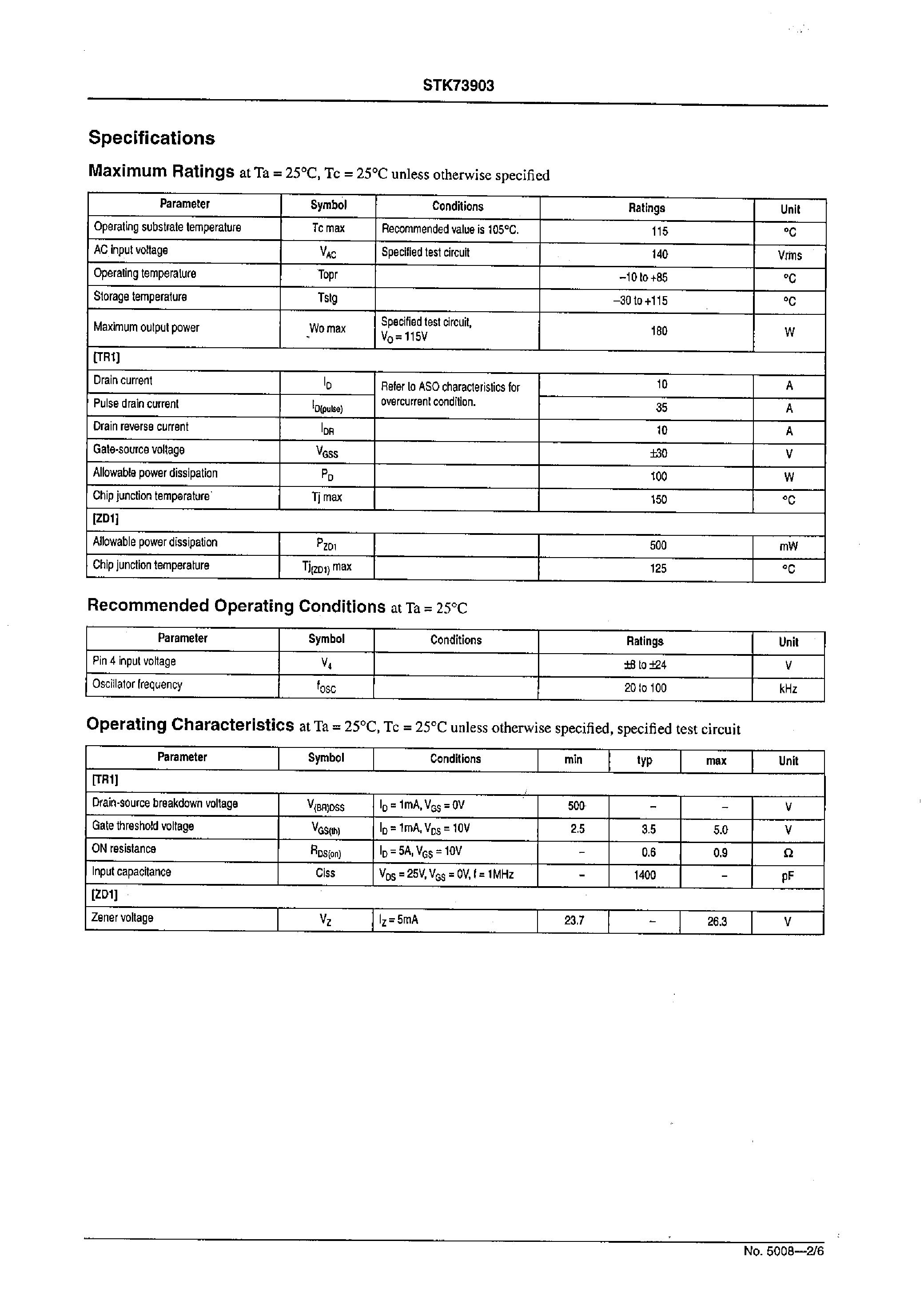 Datasheet STK73909 - Self-Excitation Type Feedback Control Switching Regulator page 2