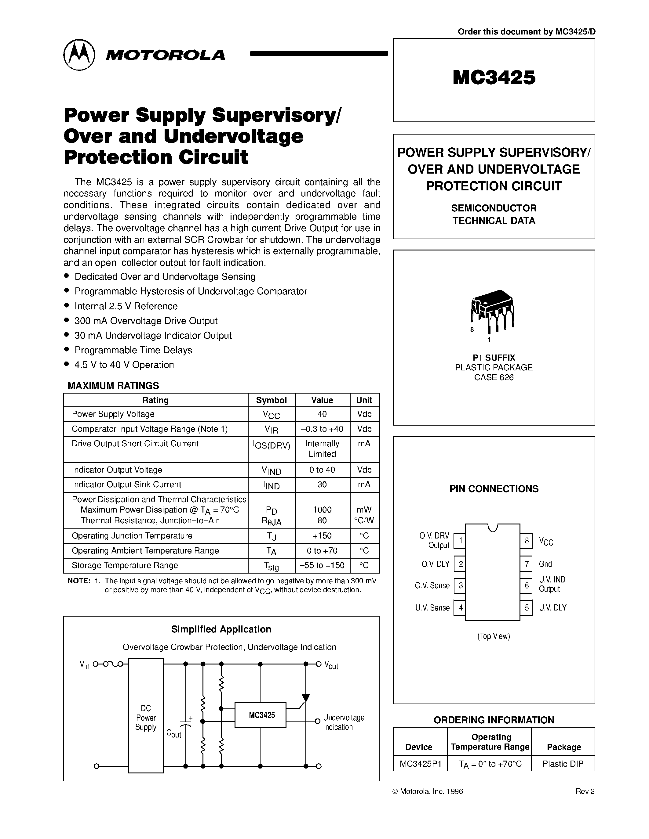 Даташит MC3425 - POWER SUPPLY SUPERVISORY/ OVER AND UNDERVOLTAGE PROTECTION CIRCUIT страница 1