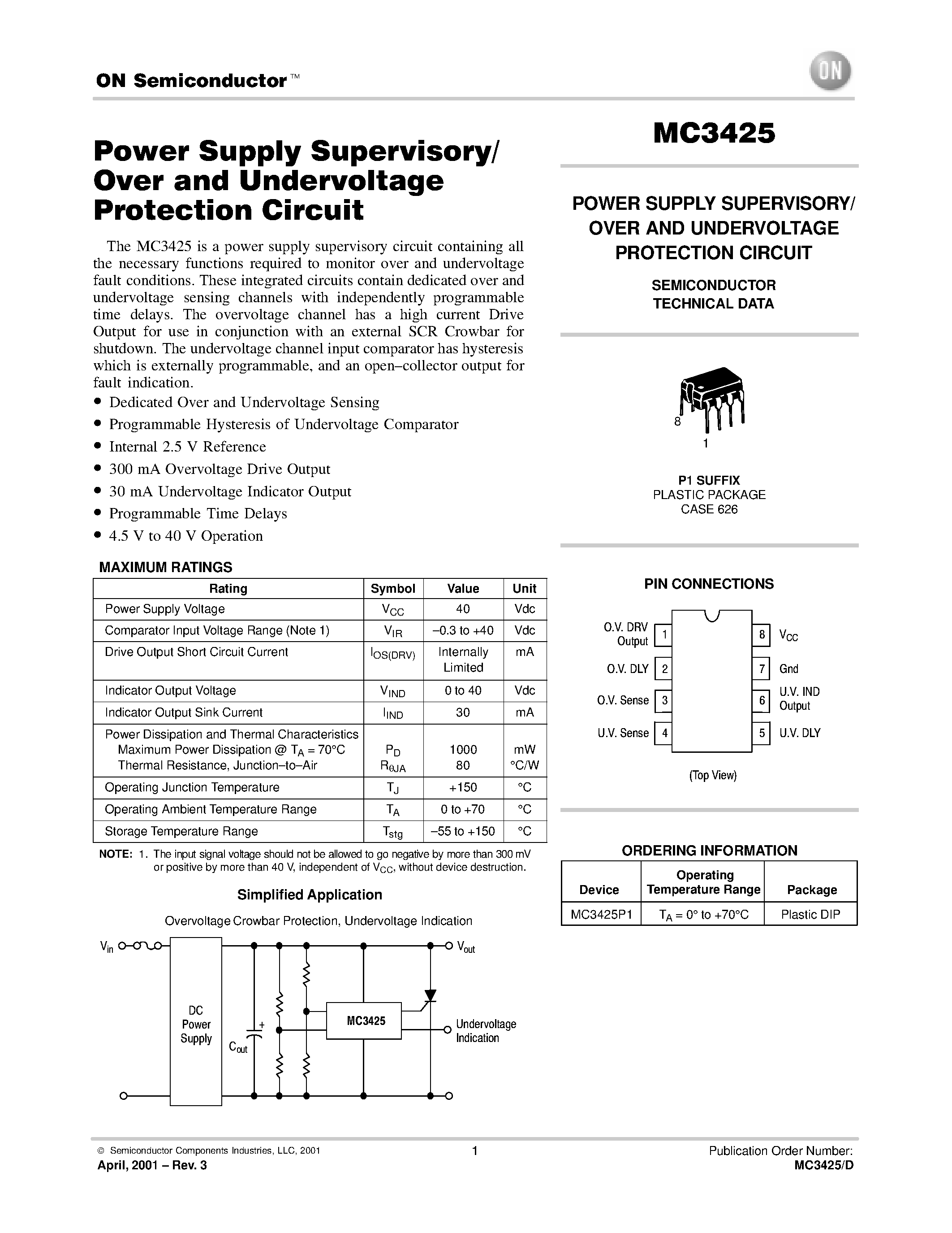 Даташит MC3425 - POWER SUPPLY SUPERVISORY/ OVER AND UNDERVOLTAGE PROTECTION CIRCUIT страница 1