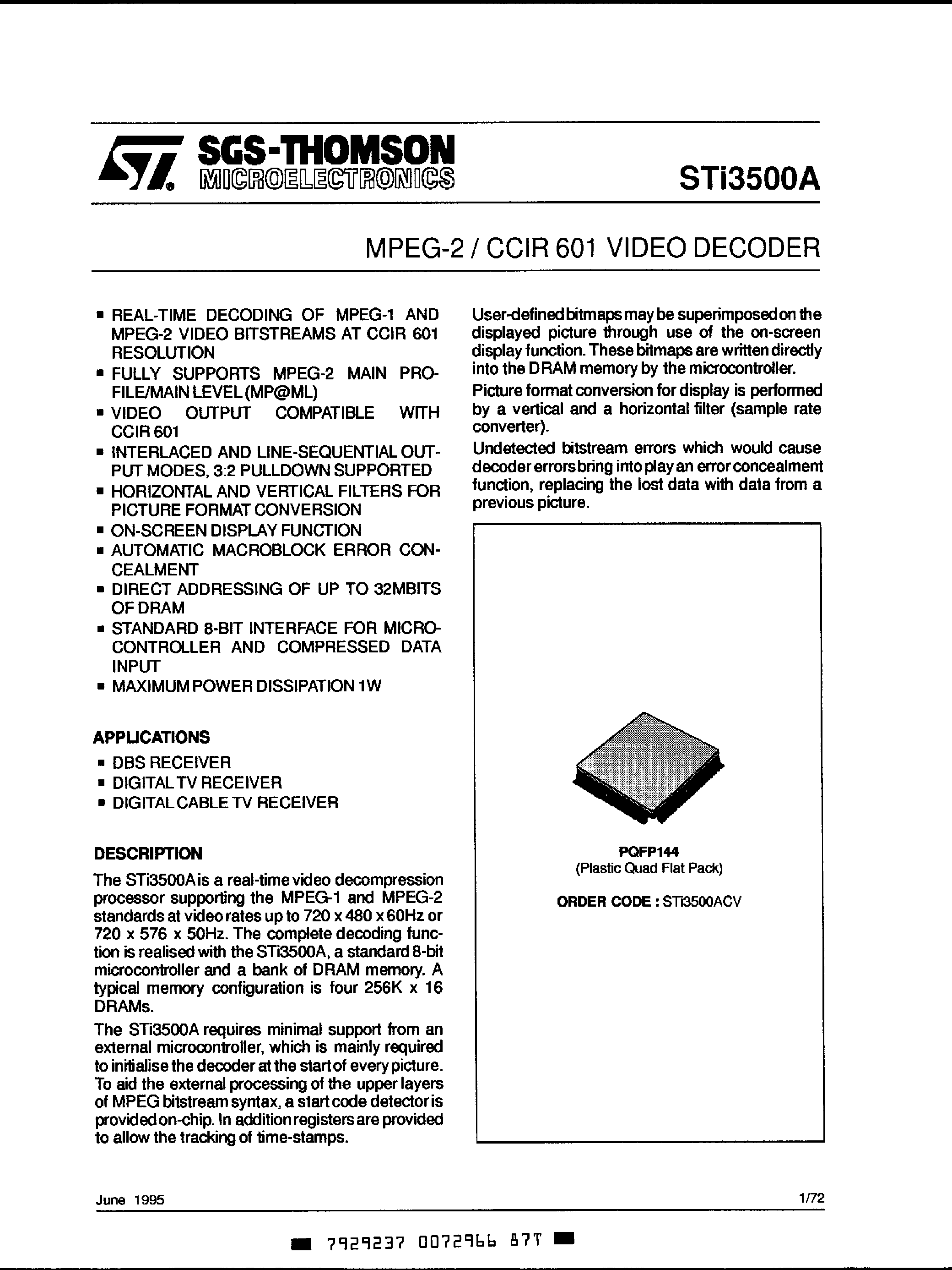 Даташит STI3500A - MPEG-2/CCIR 601 VIDEO DECODER страница 1