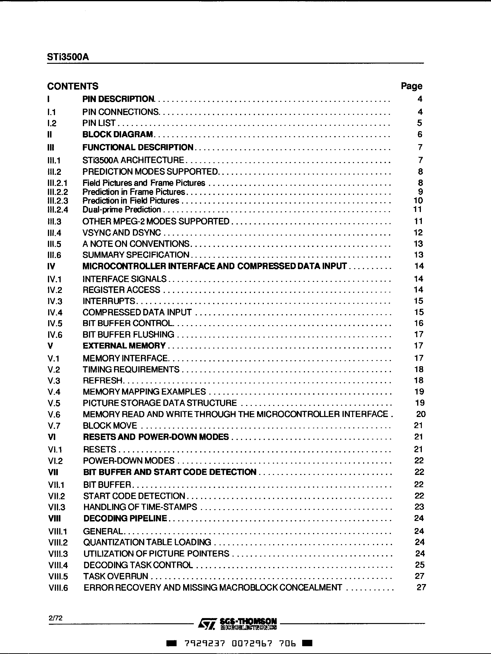 Даташит STI3500A - MPEG-2/CCIR 601 VIDEO DECODER страница 2