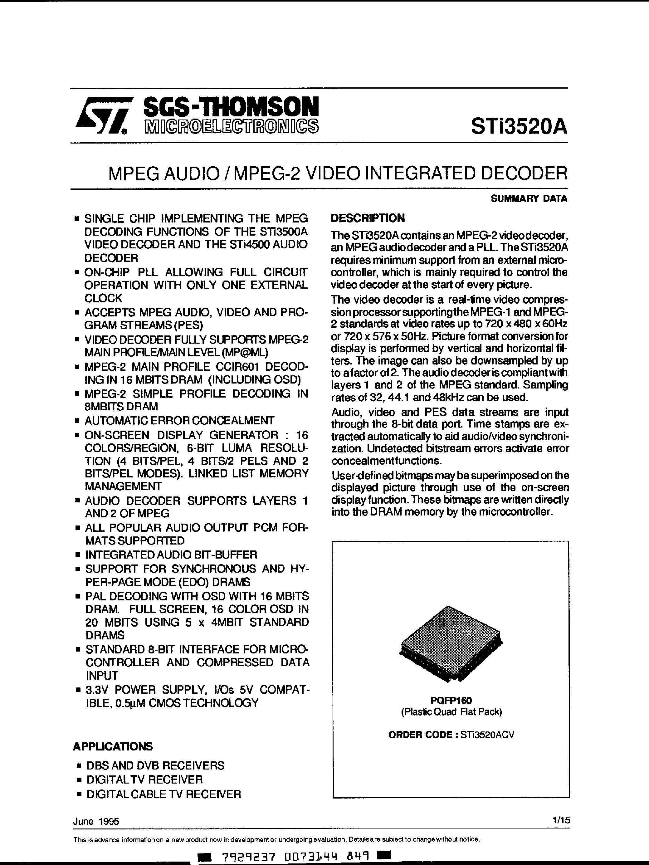 Даташит STi3520A - MPEG Audio / MPEG-2 Video Integrated Decoder страница 1