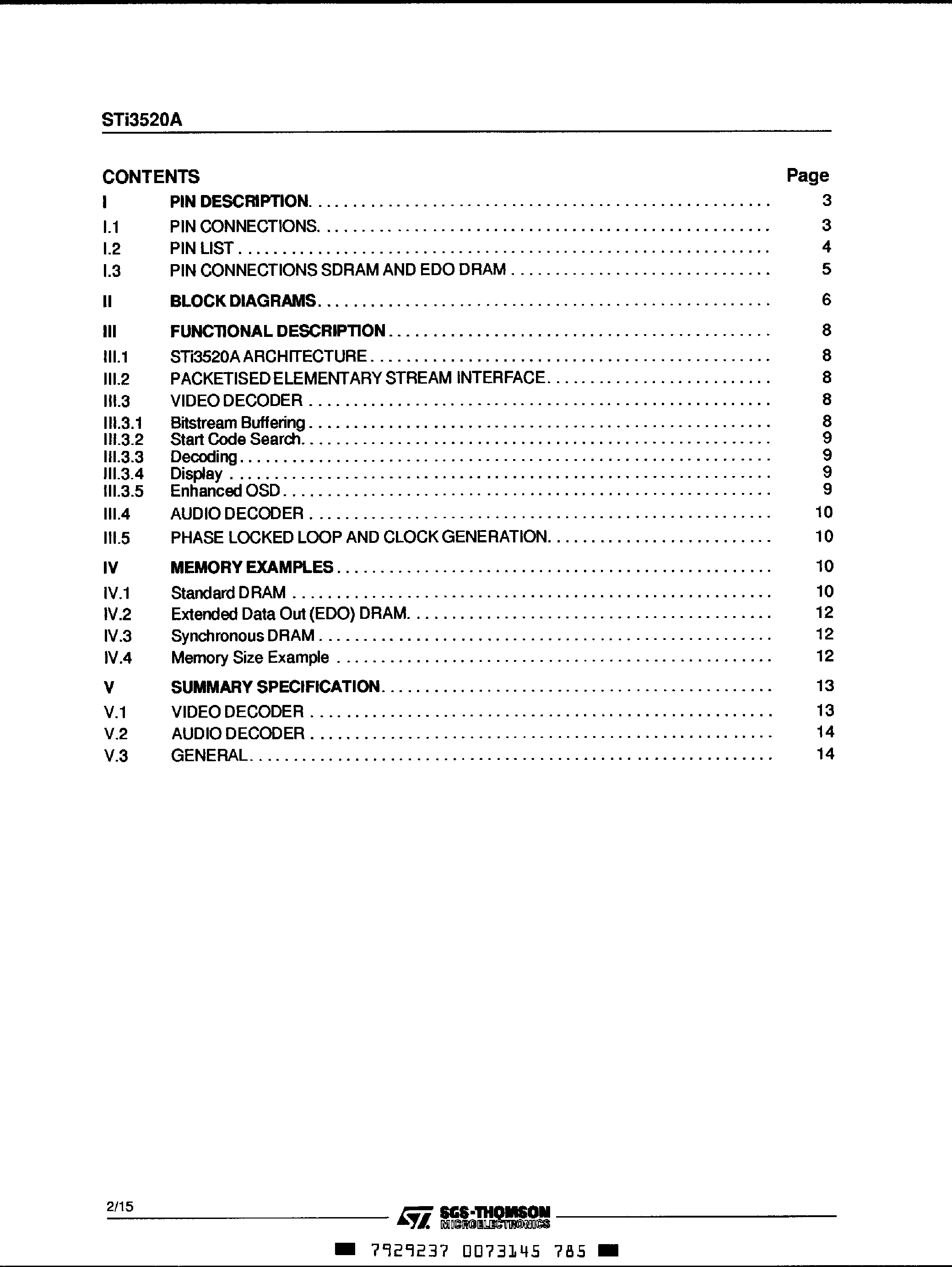 Даташит STi3520A - MPEG Audio / MPEG-2 Video Integrated Decoder страница 2