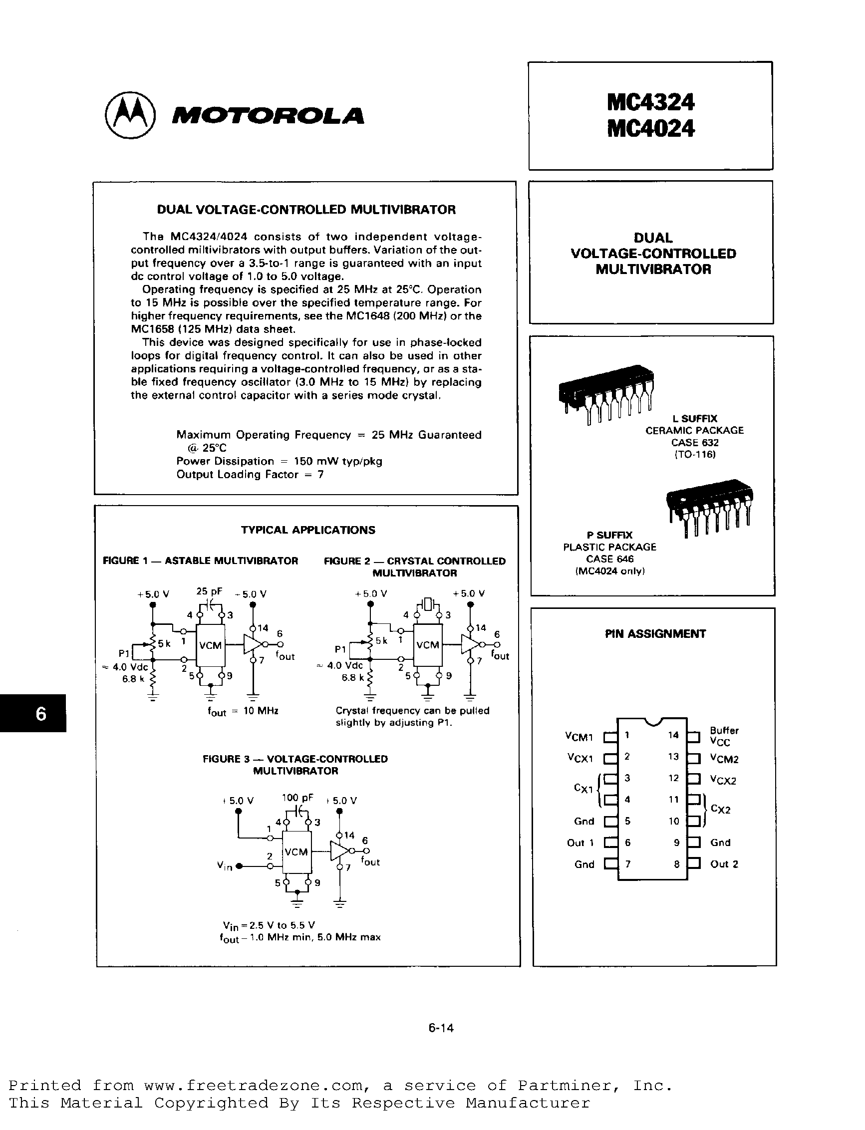 Datasheet MC4024 - DUAL VOLTAGE-CONTROLLED MULTIVIBRATOR page 1