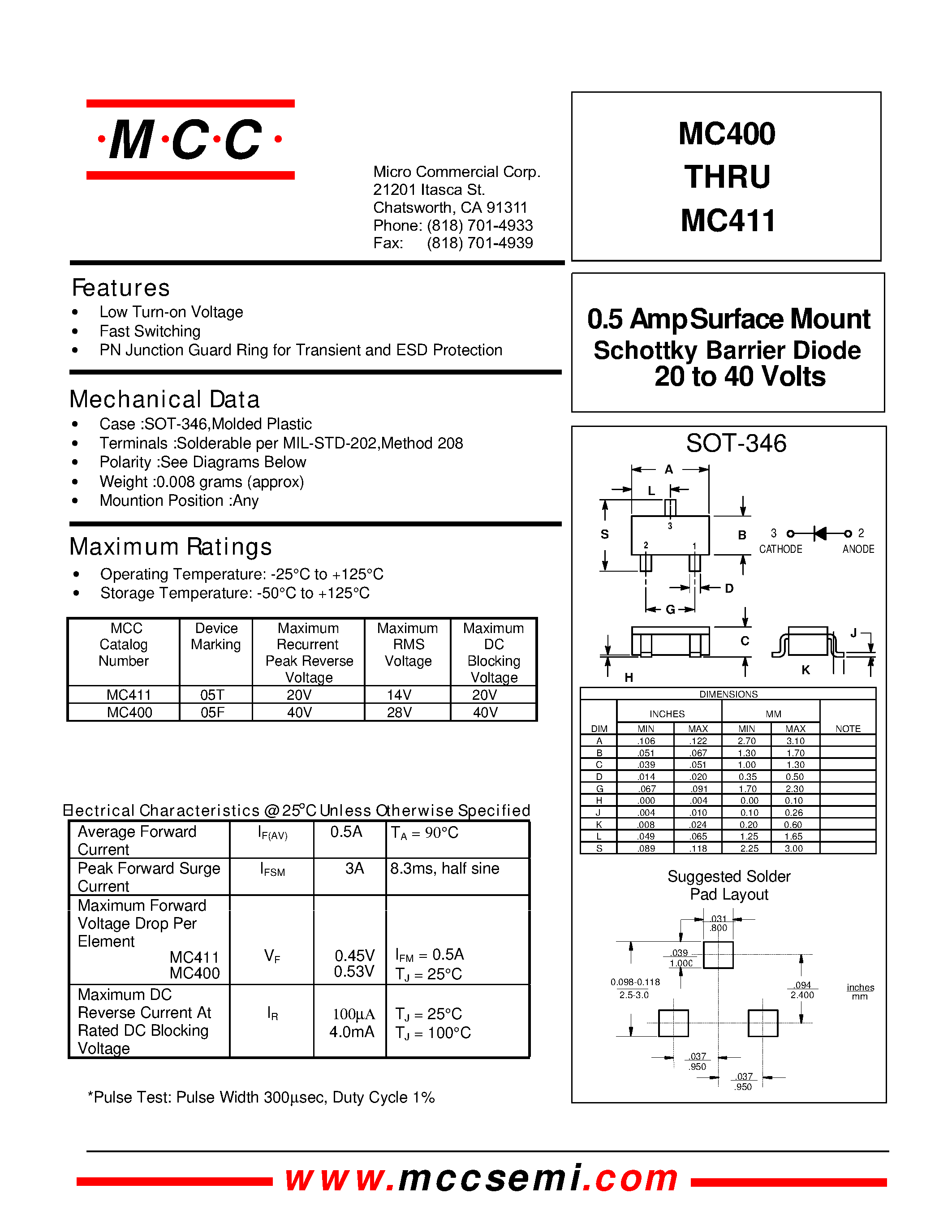 Datasheet MC400 - 20 to 40 Volts 0.5 Amp Surface Mount Schottky Barrier Diode page 1