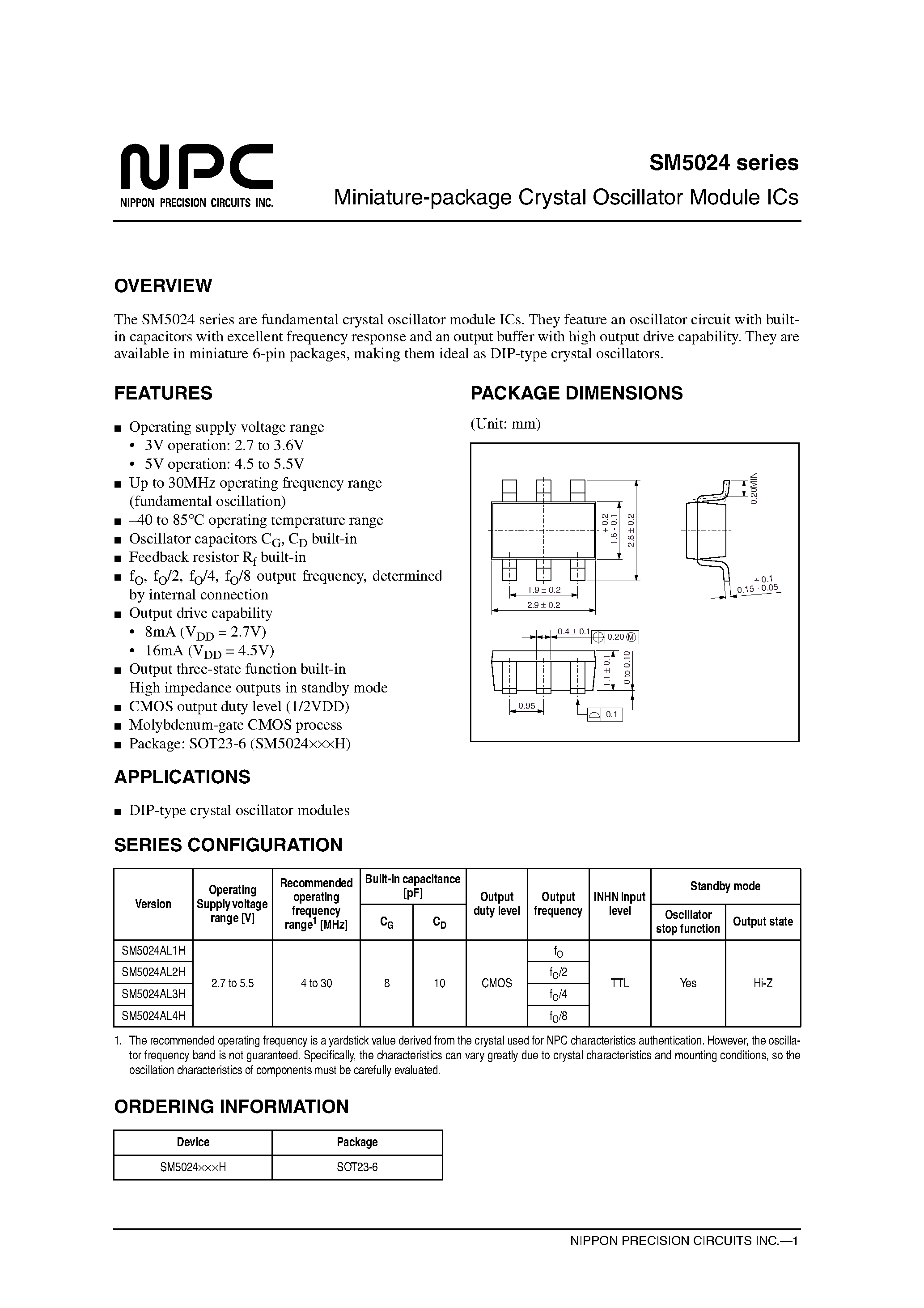 Datasheet SM5024 - Miniature Package Crystal Oscillator Module ICs page 1