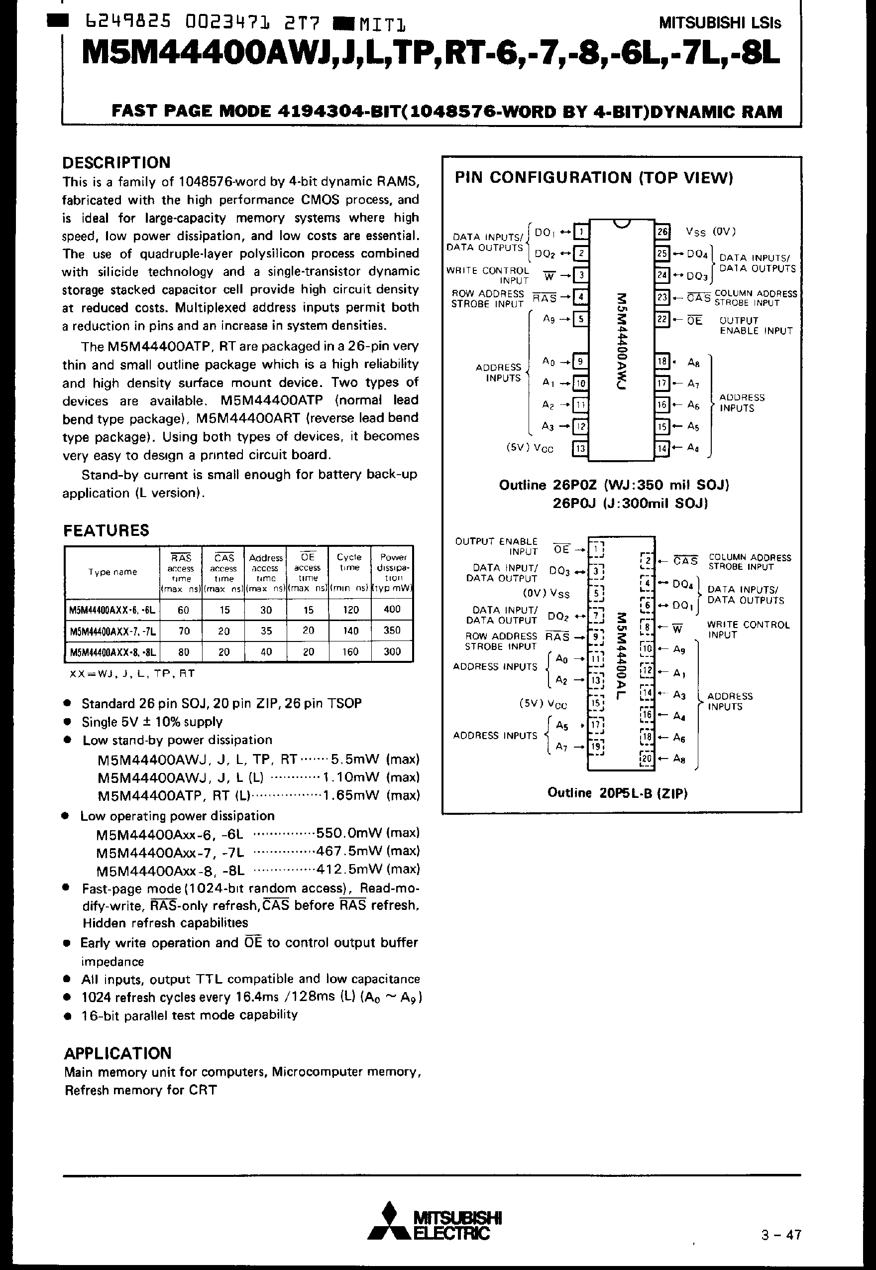 Datasheet M5M44400AWJ - (J/L/TP/RT) Fast Page Mode 4MBit DRAM page 1