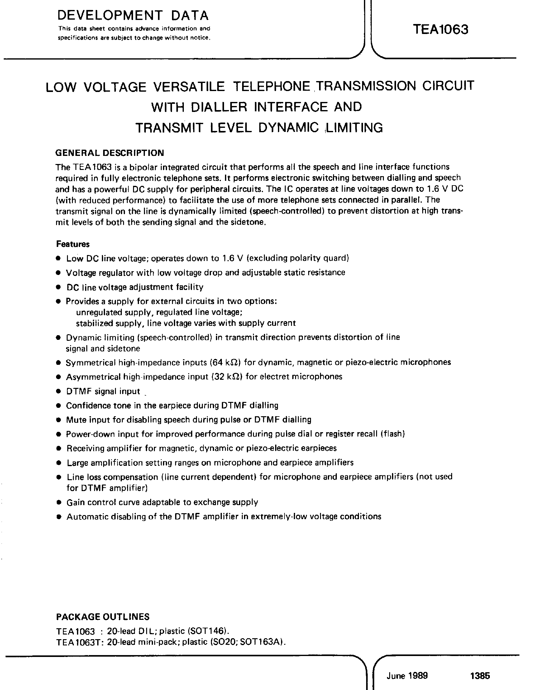 Даташит TEA1063 - Low Voltage Versatile Telephone Transmission Circuit страница 1