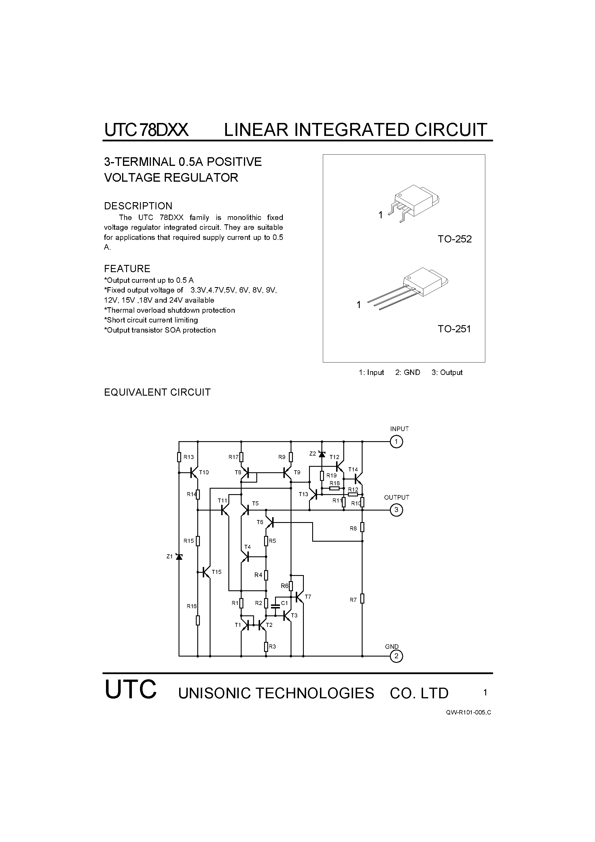 Datasheet UTC78DXX - 3 Terminal 0.5A Positive Voltage Regulator page 1