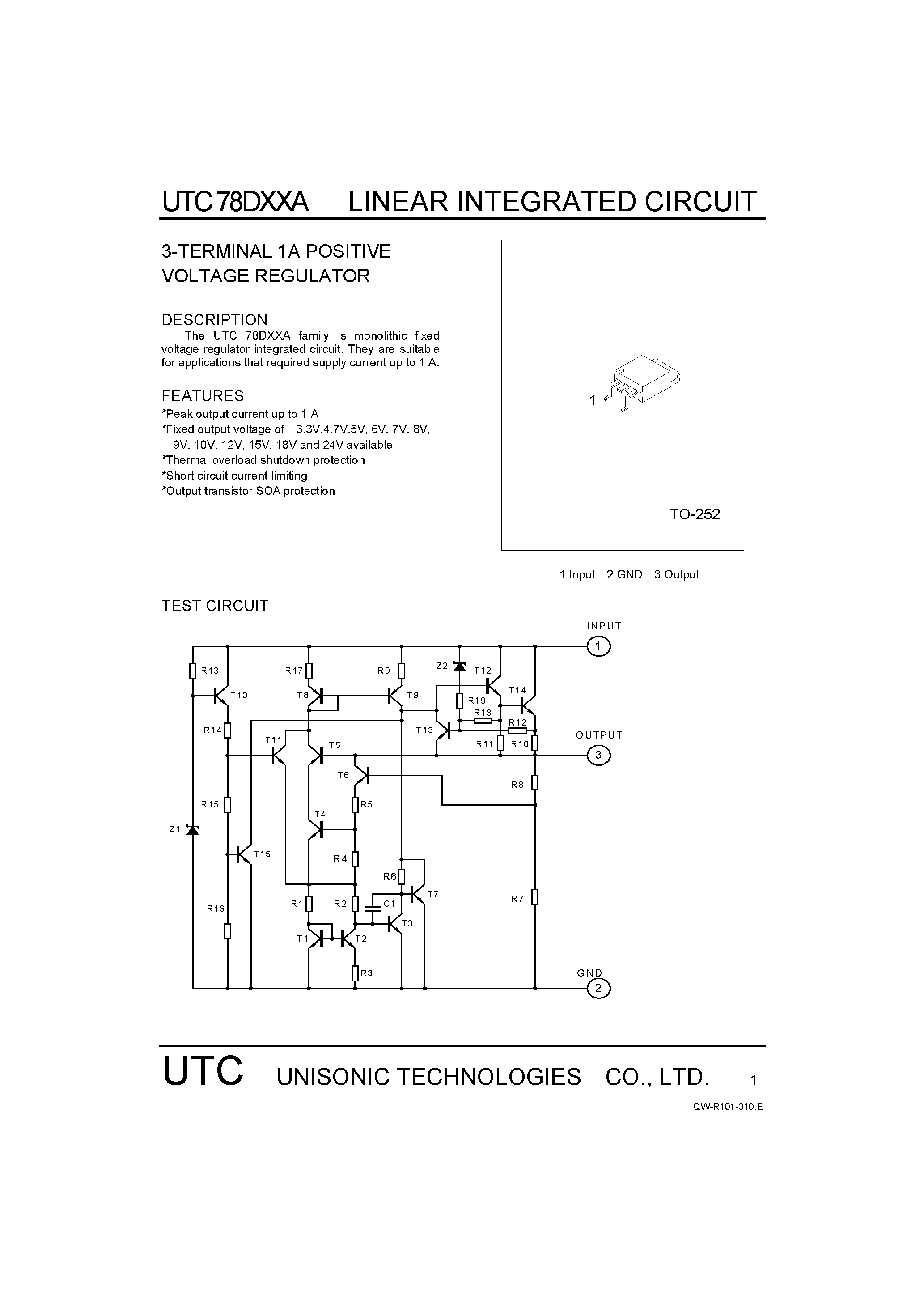 Datasheet UTC78DXXA - 3 Terminal 0.5A Positive Voltage Regulator page 1