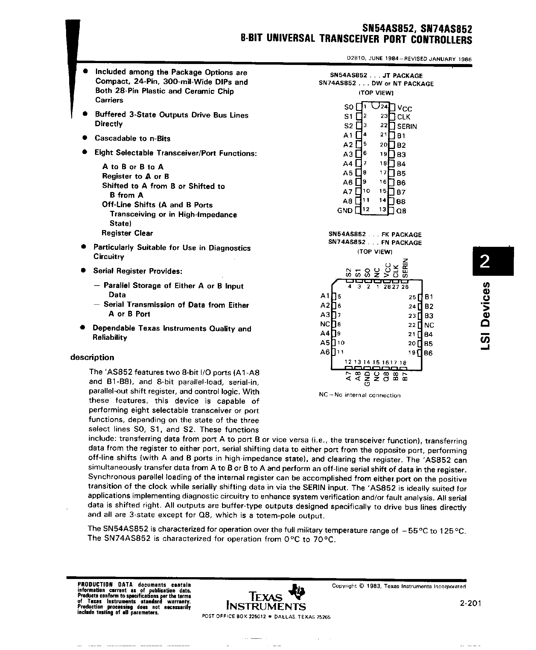 Datasheet SN74AS852 - 8 Bit Universal Transceiver Port Controllers page 1