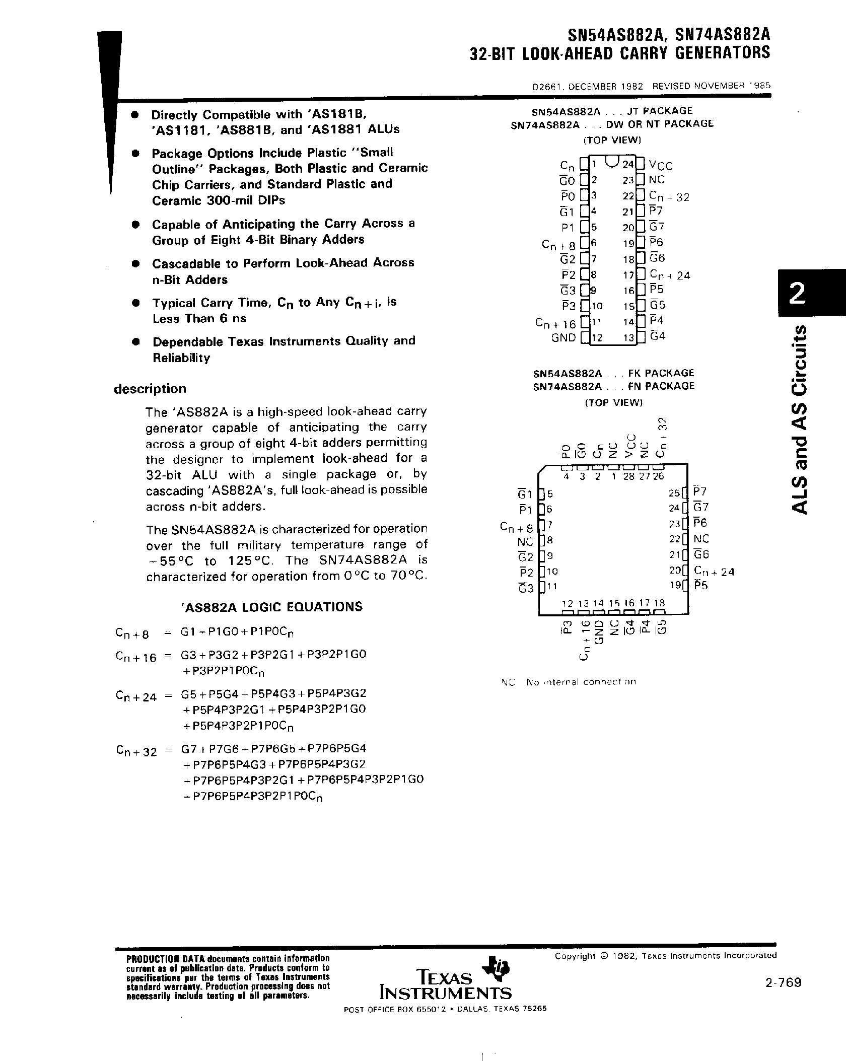 Datasheet SN74AS882A - 32 Bit Look-Ahead Carry Generatiors page 1