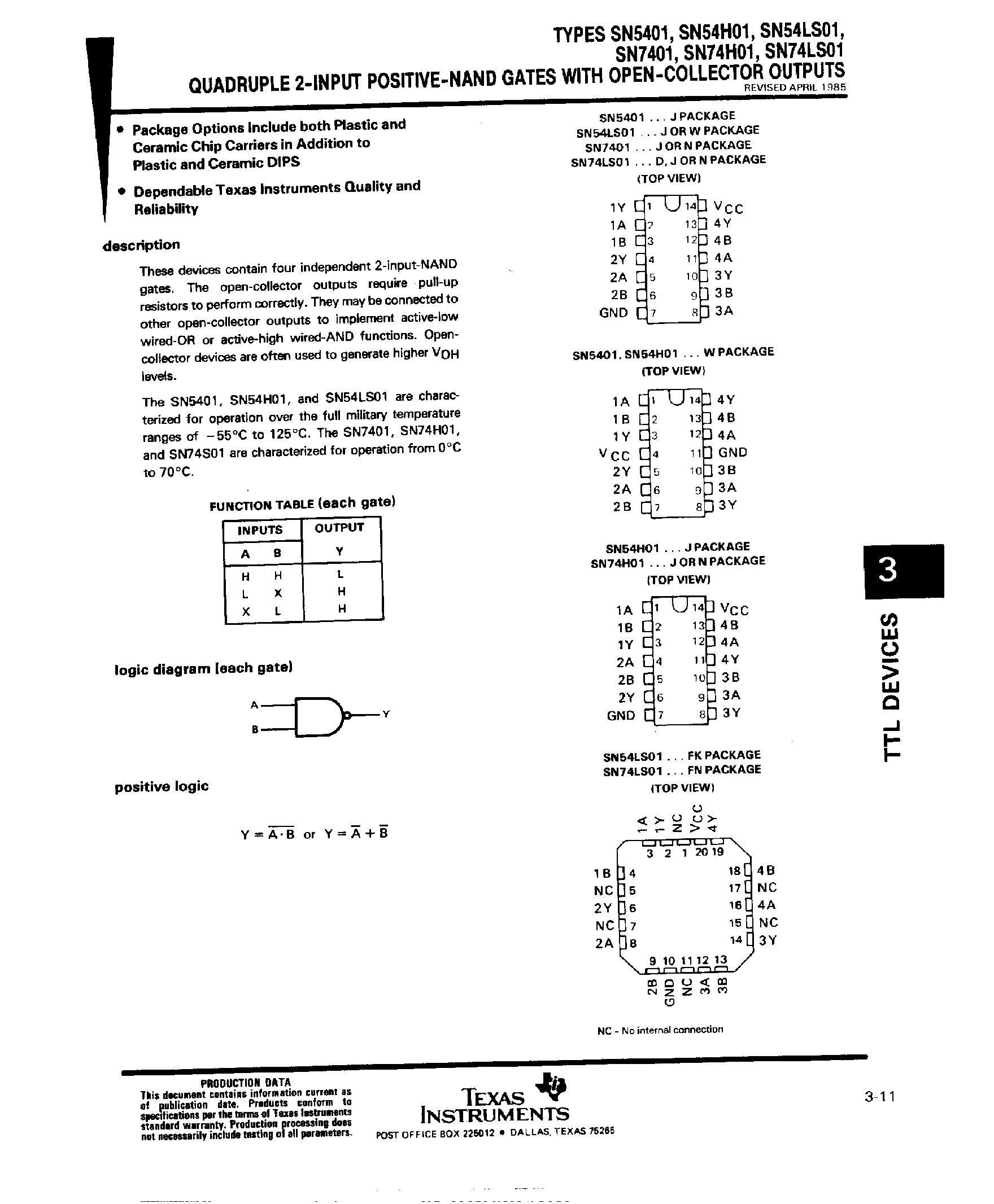 Даташит SN74H01 - Quadruple 2 Input Positive NAND Gates with Open Collector Outputs страница 1