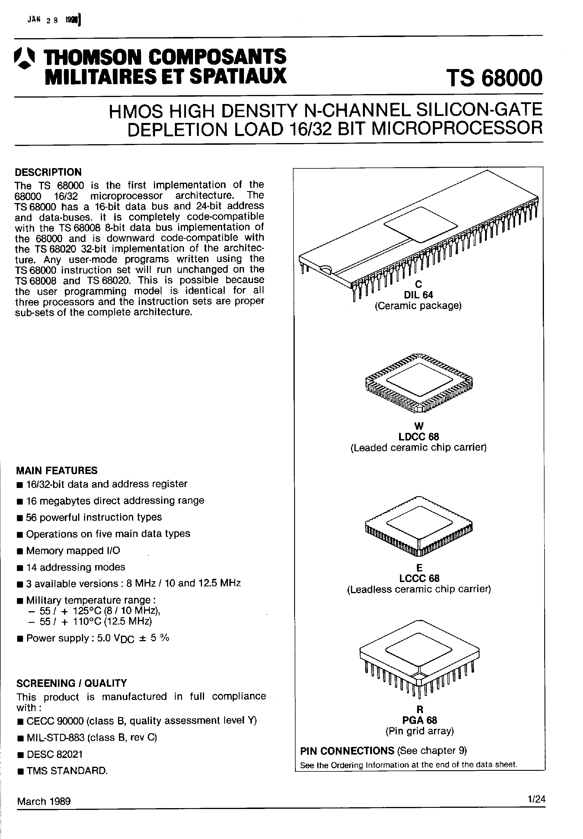 Datasheet TS68000 - HMOS High Density N-Channel Silicon Gate Depletion Load 16/32 Bit Microprocessor page 1