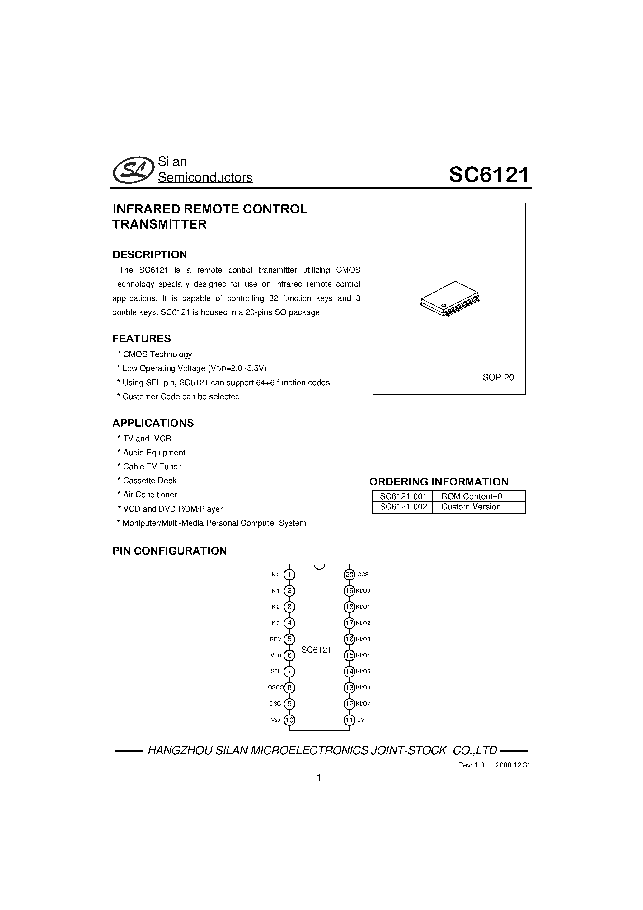 Даташит SC6121 - 2.0-5.5V Infrared Remote Control Transmitter страница 1