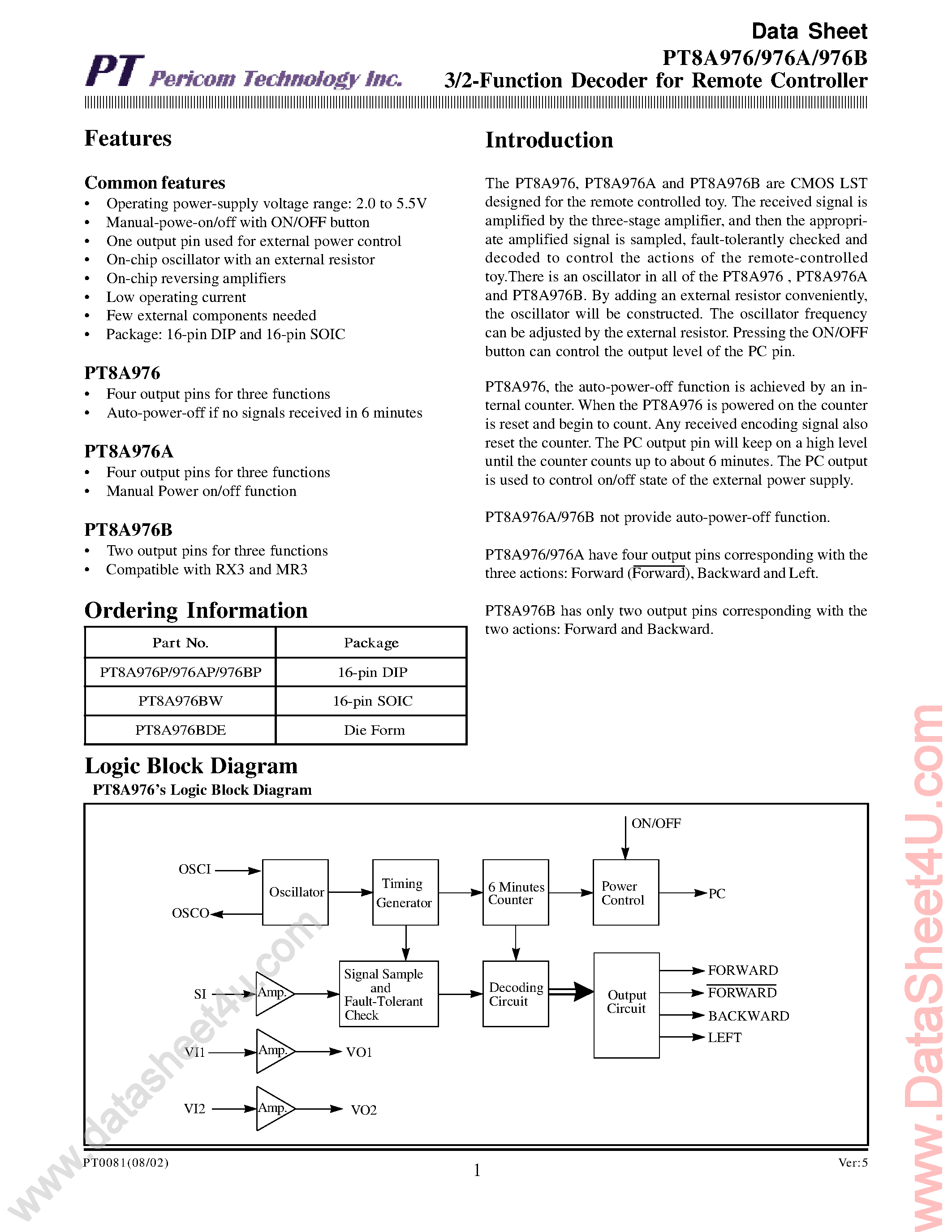 Даташит PT8A976 - 3/2 Function Decoder for Remote Controller страница 1