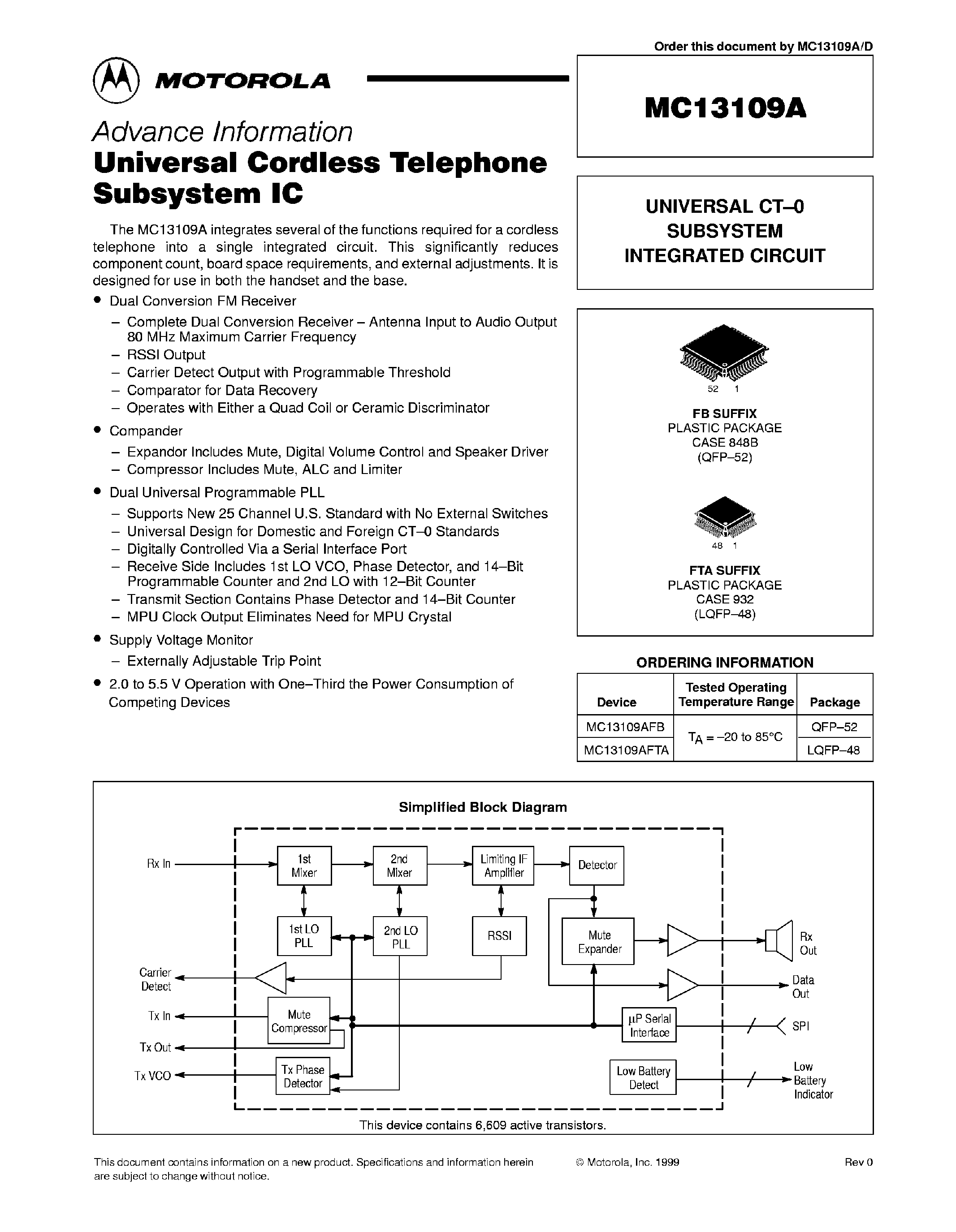 Даташит MC13109A - Universal Cordless Telephone Subsystem IC страница 1