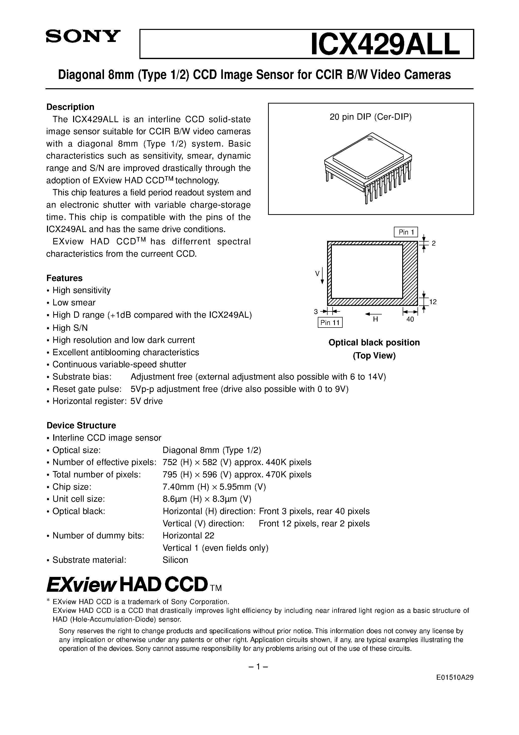 Datasheet ICX429ALL - Diagonal 8mm (Type 1/2) CCD Image Sensor for CCIR B/W Video Cameras page 1