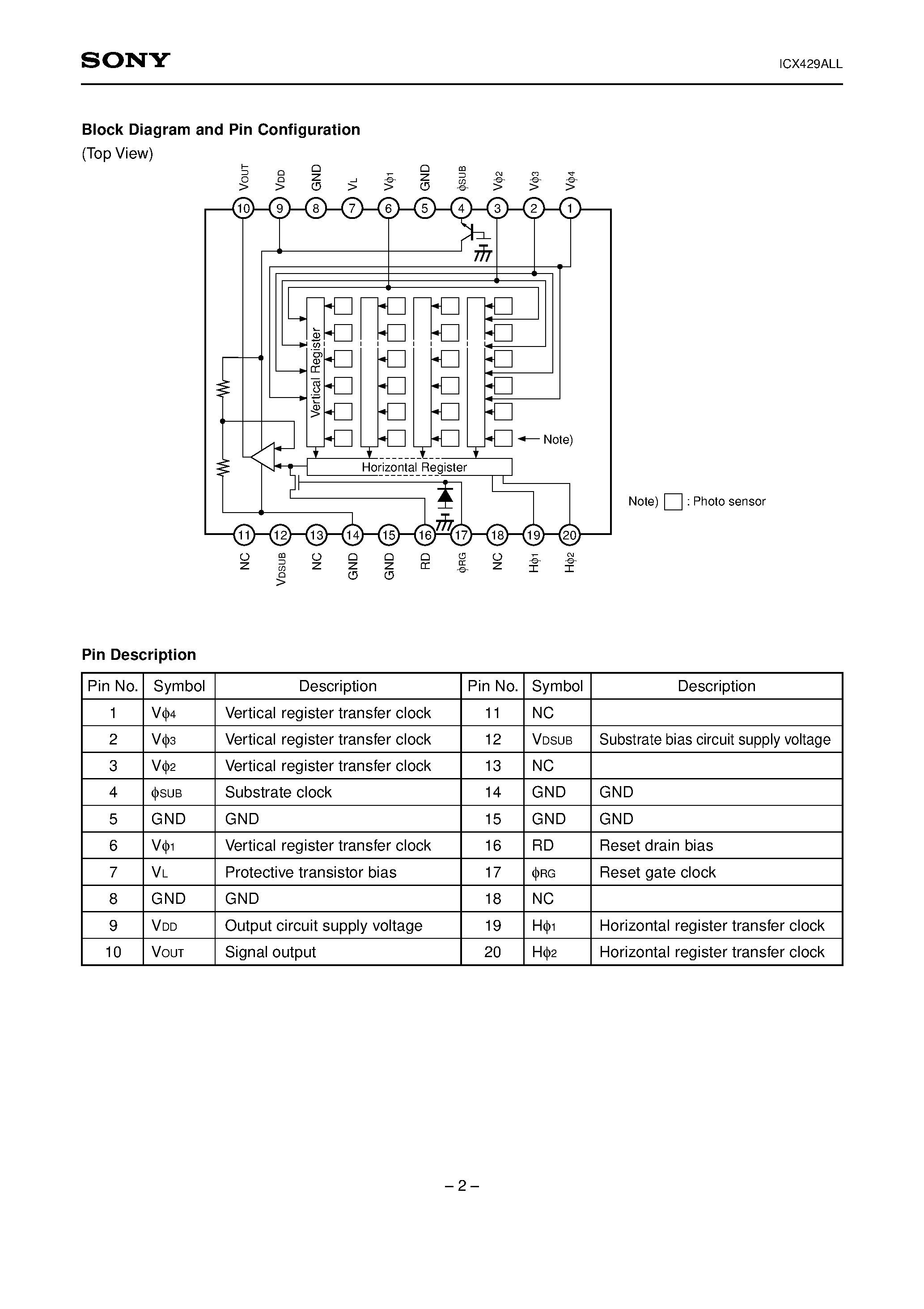 Datasheet ICX429ALL - Diagonal 8mm (Type 1/2) CCD Image Sensor for CCIR B/W Video Cameras page 2