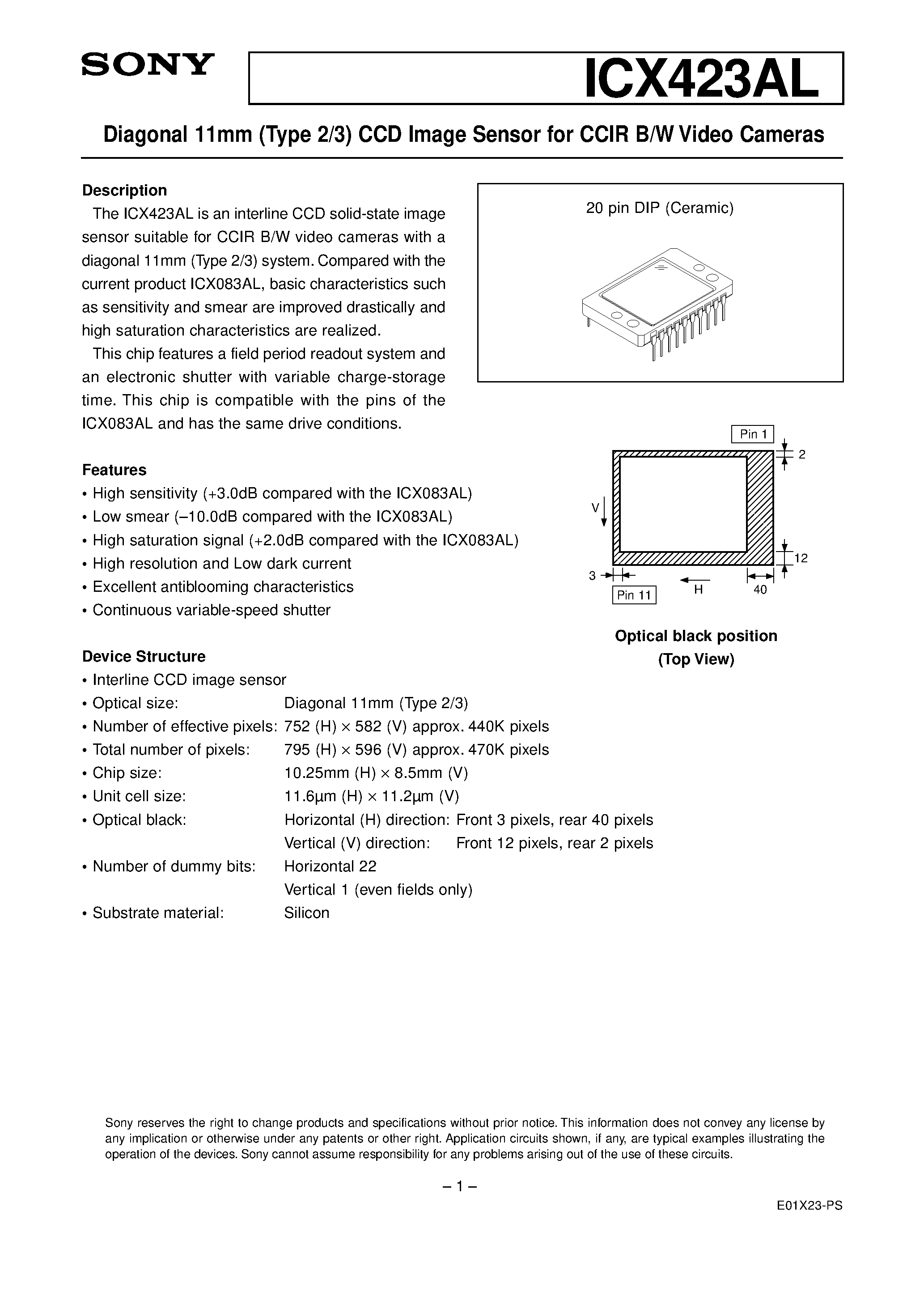 Datasheet ICX423AL - Diagonal 11mm (Type 2/3) CCD Image Sensor for CCIR B/W Video Cameras page 1