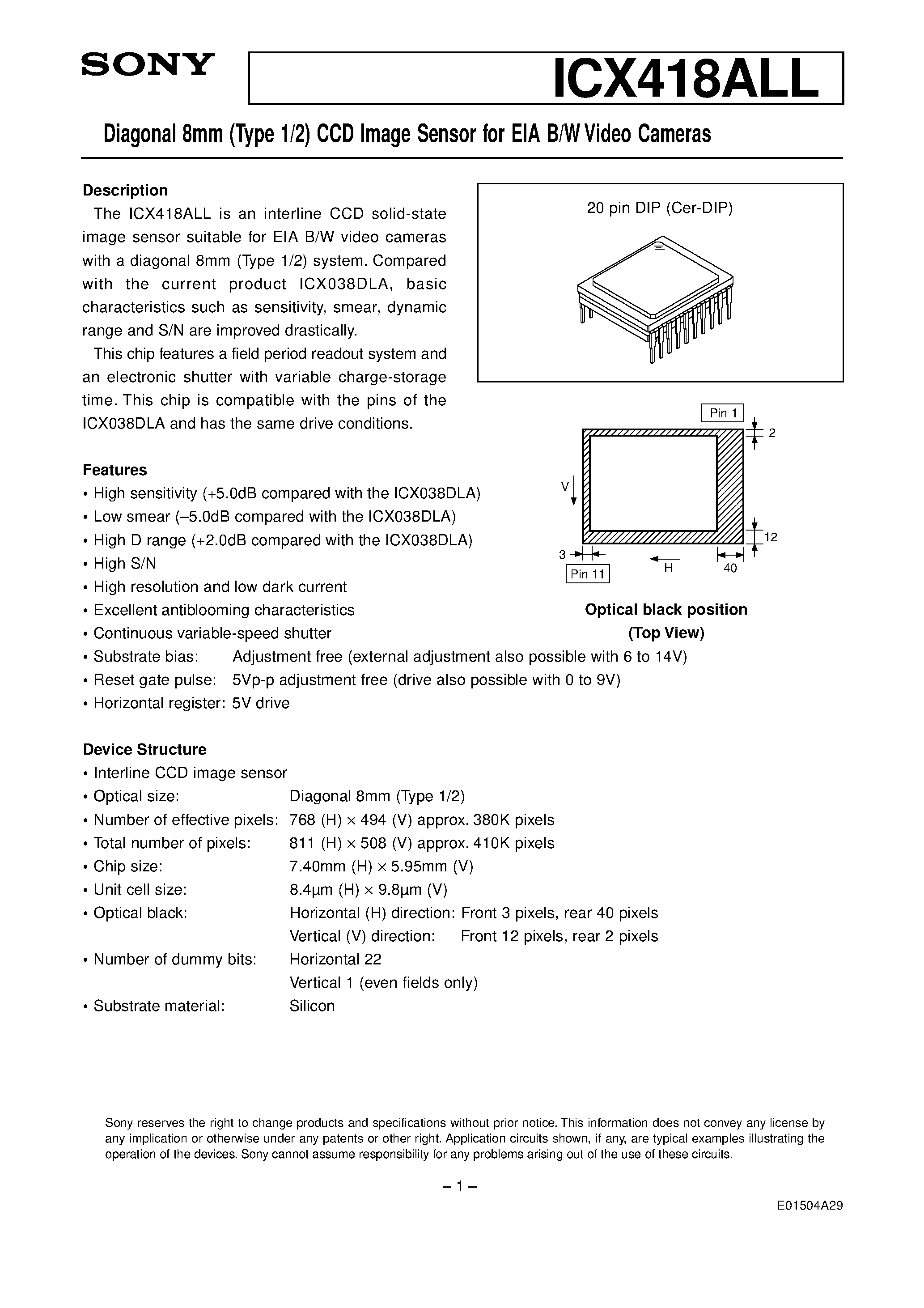 Datasheet ICX418ALL - Diagonal 8mm (Type 1/2) CCD Image Sensor for EIA B/W Video Cameras page 1