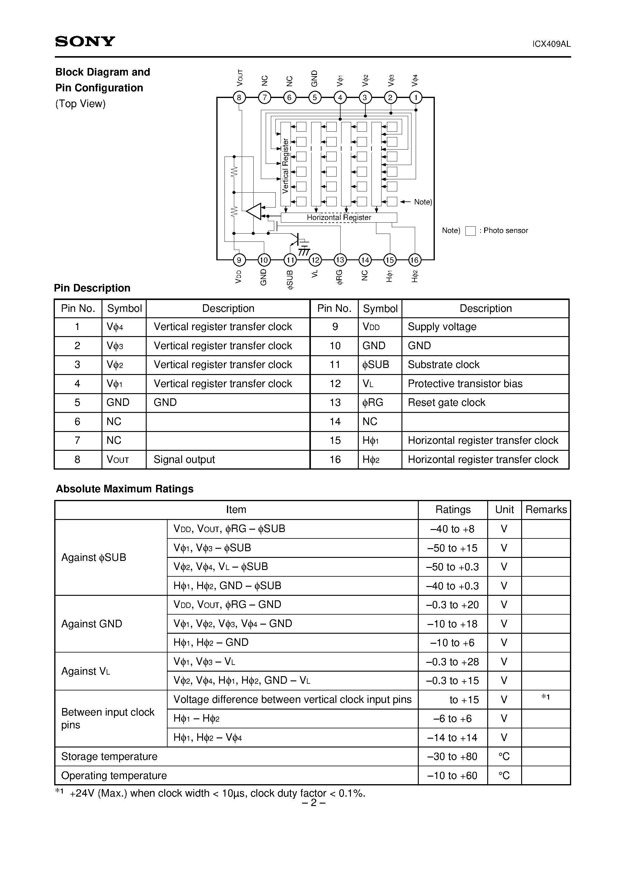 Datasheet ICX409AL - Diagonal 6mm (Type 1/3) CCD Image Sensor for CCIR B/W Video Cameras page 2