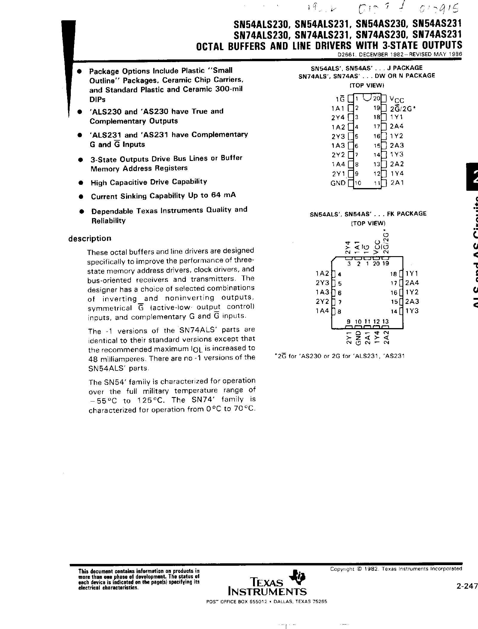 Даташит SN74ALS230 - Octal Buffers and Line Driver with 2 State Outputs страница 1