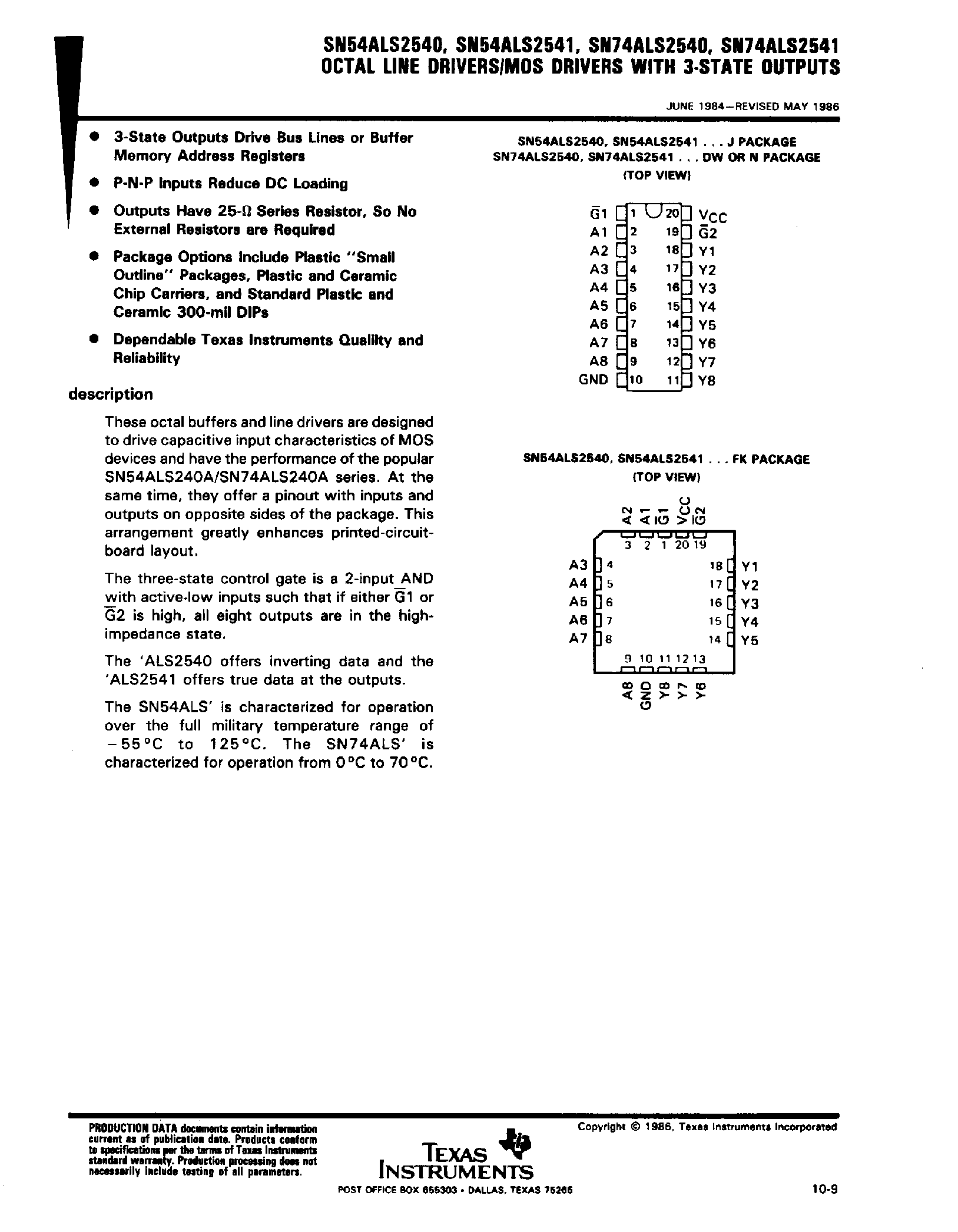 Datasheet SN74ALS2540 - Octal Line Drivers / MOS Drivers with 3 State Outputs page 1