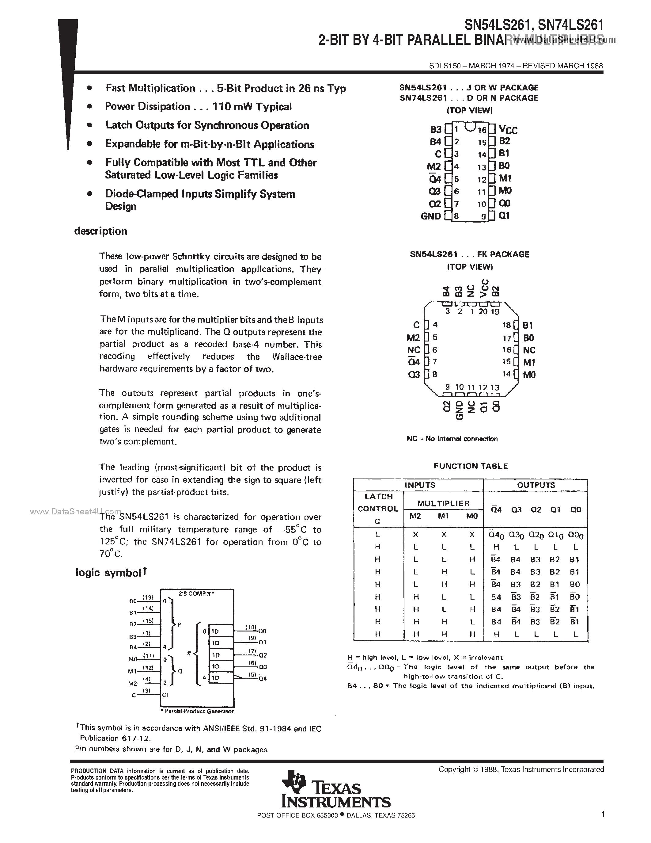 Даташит SN74LS261 - 2 Bit x 4 Bit Parallel Binary Multipliers страница 1