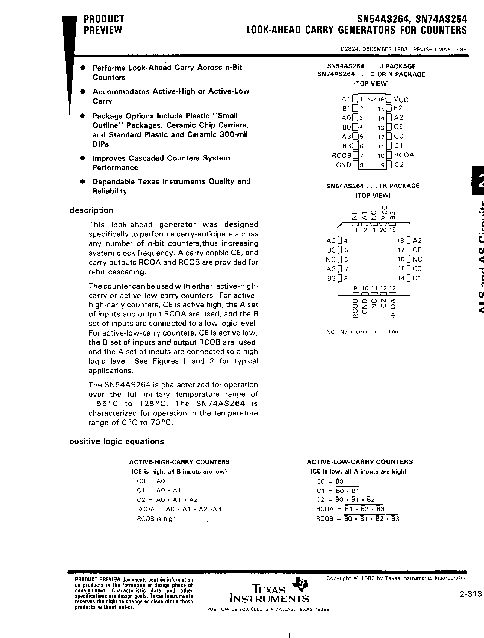 Datasheet SN74AS264 - Look-Ahead Carry Generators for Countera page 1