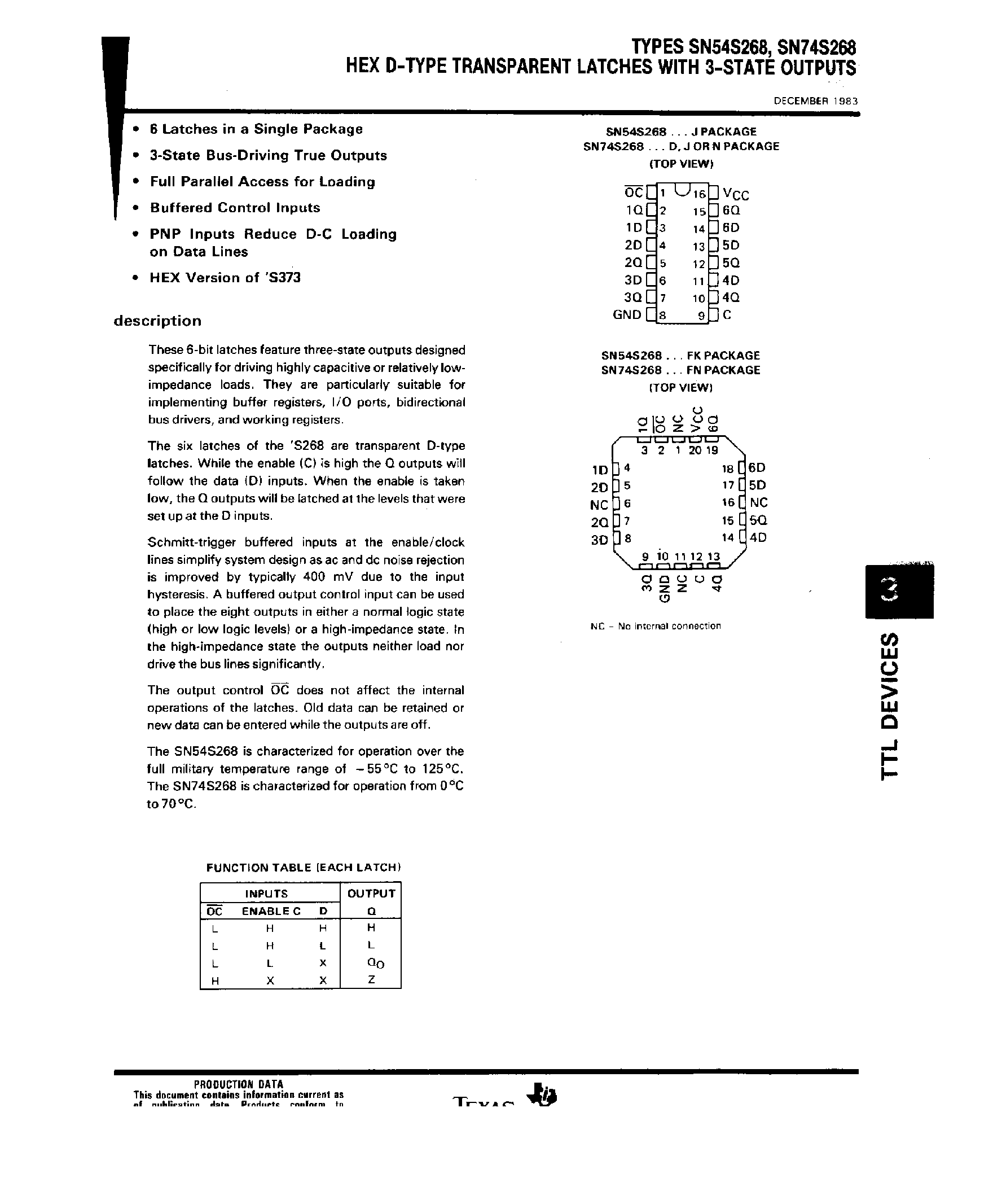 Datasheet SN74S268 - Hex D Type Transparent Latches with 3 State Outputs page 1