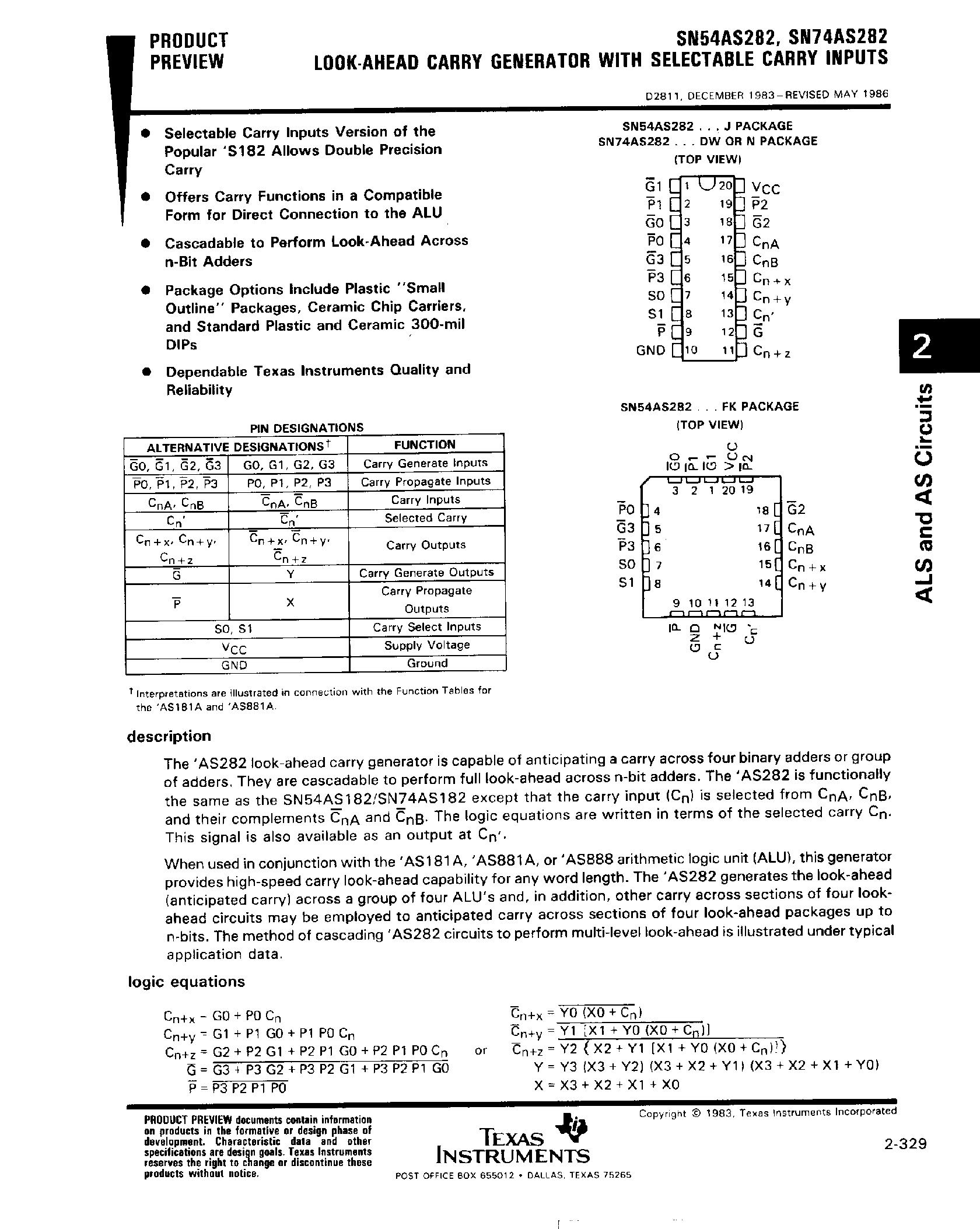 Datasheet SN74AS282 - Look Ahead Carry Generator with Selectable Carry Inputs page 1