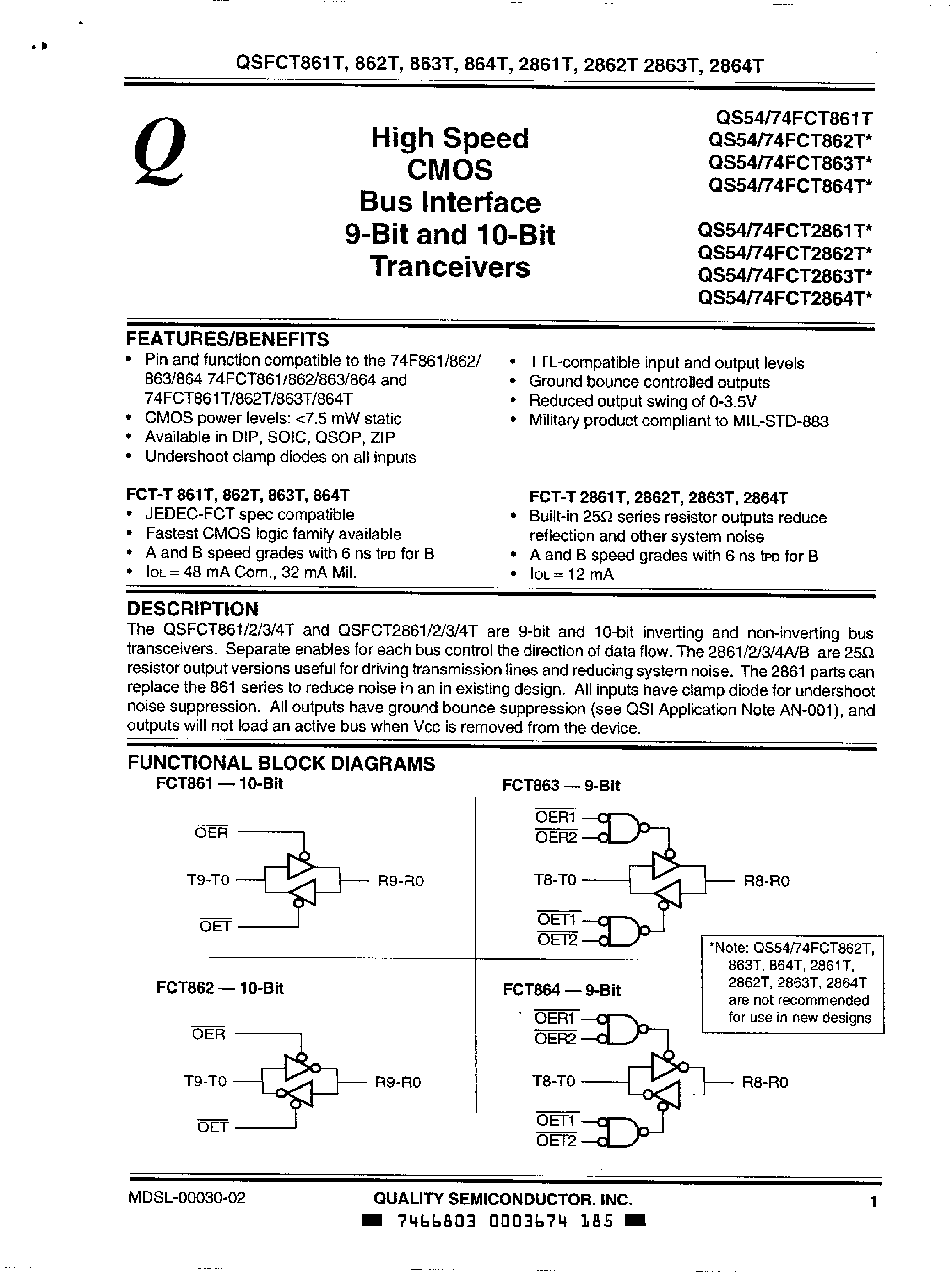 Datasheet QS74FCT861T - (QS74FCT861T - QS74FCT864T) High Speed Cmos Bus Interface 9 Bit and 10 Bit Tranceivers page 1