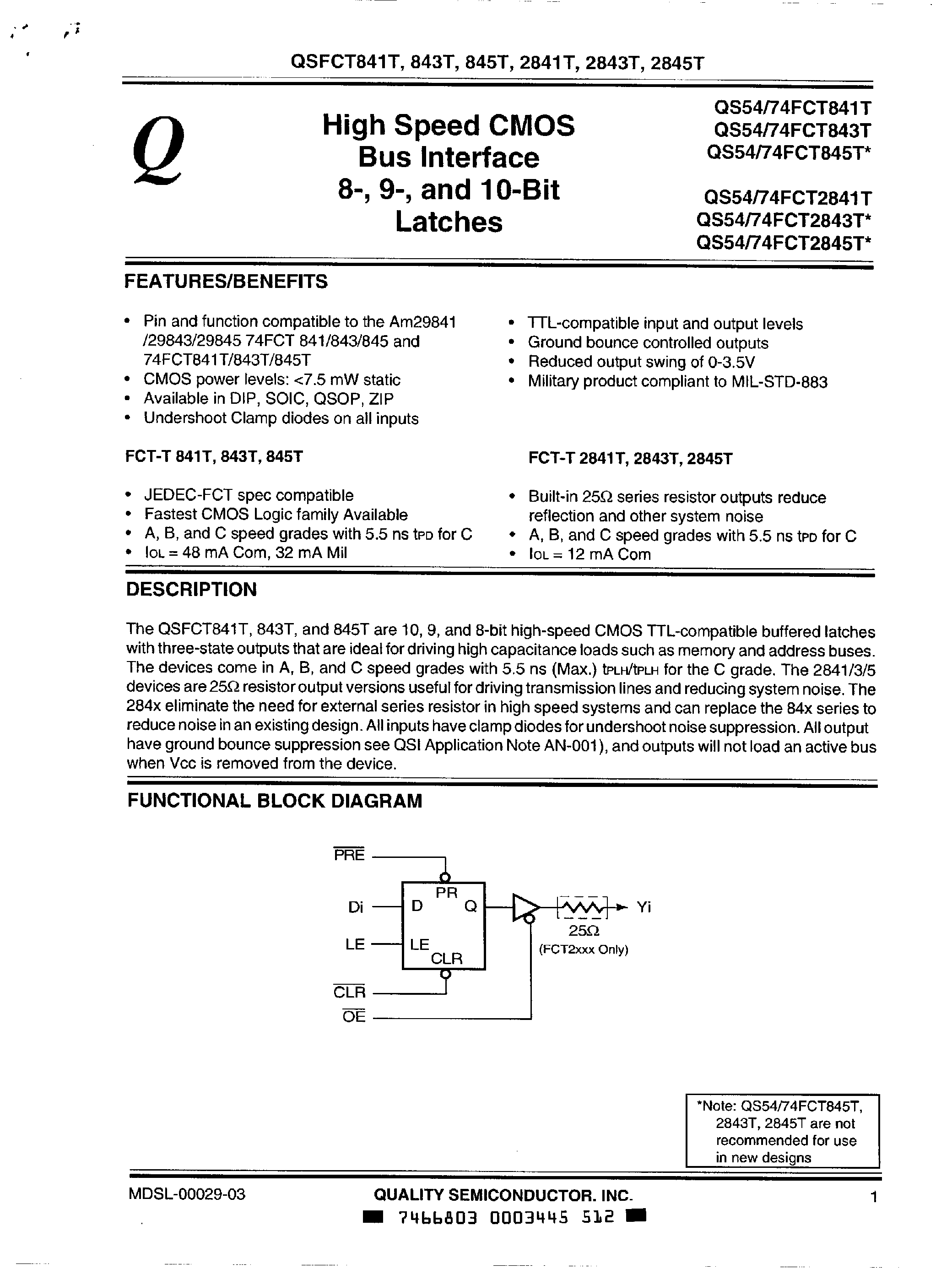 Даташит QS74FCT841T - (QS74FCT841T/QS74FCT843T/QS74FCT845T) High Speed Cmos Bus Interface 9 Bit and 10 Bit Tranceivers страница 1