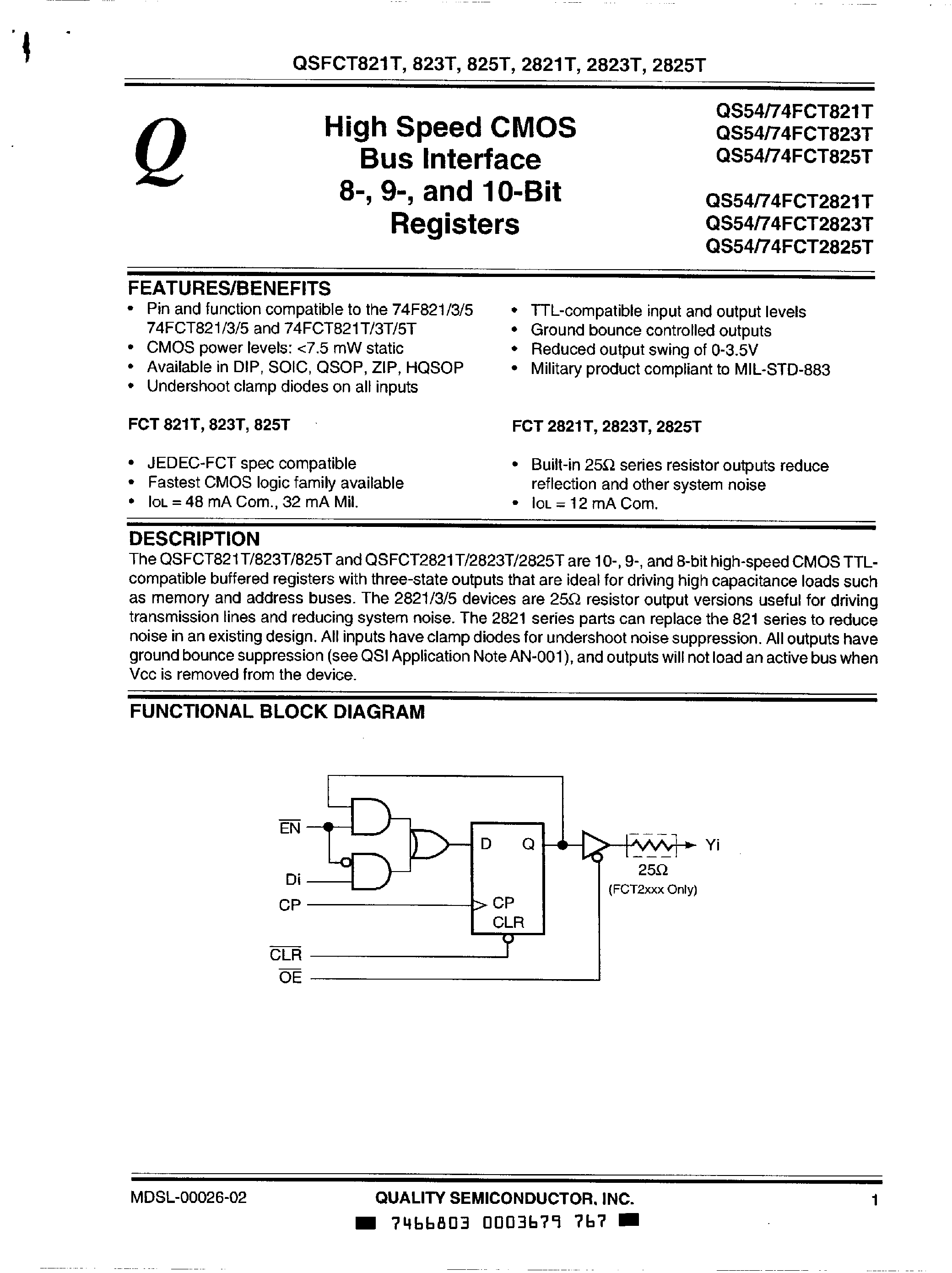 Datasheet QS74FCT821T - (QS74FCT821T/QS74FCT823T/QS74FCT825T) High Speed Cmos Bus Interface 9 Bit and 10 Bit Tranceivers page 1