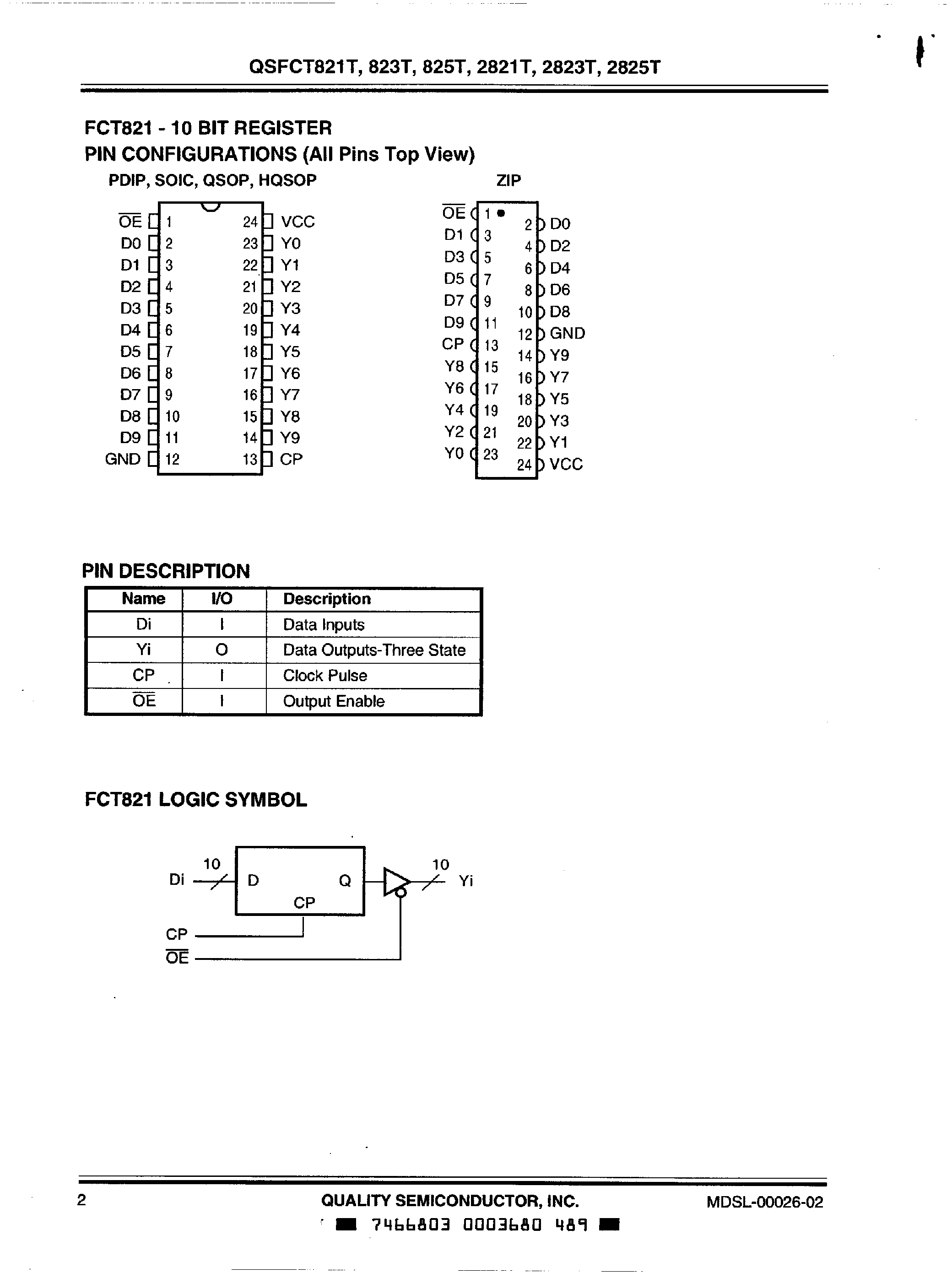 Datasheet QS74FCT821T - (QS74FCT821T/QS74FCT823T/QS74FCT825T) High Speed Cmos Bus Interface 9 Bit and 10 Bit Tranceivers page 2