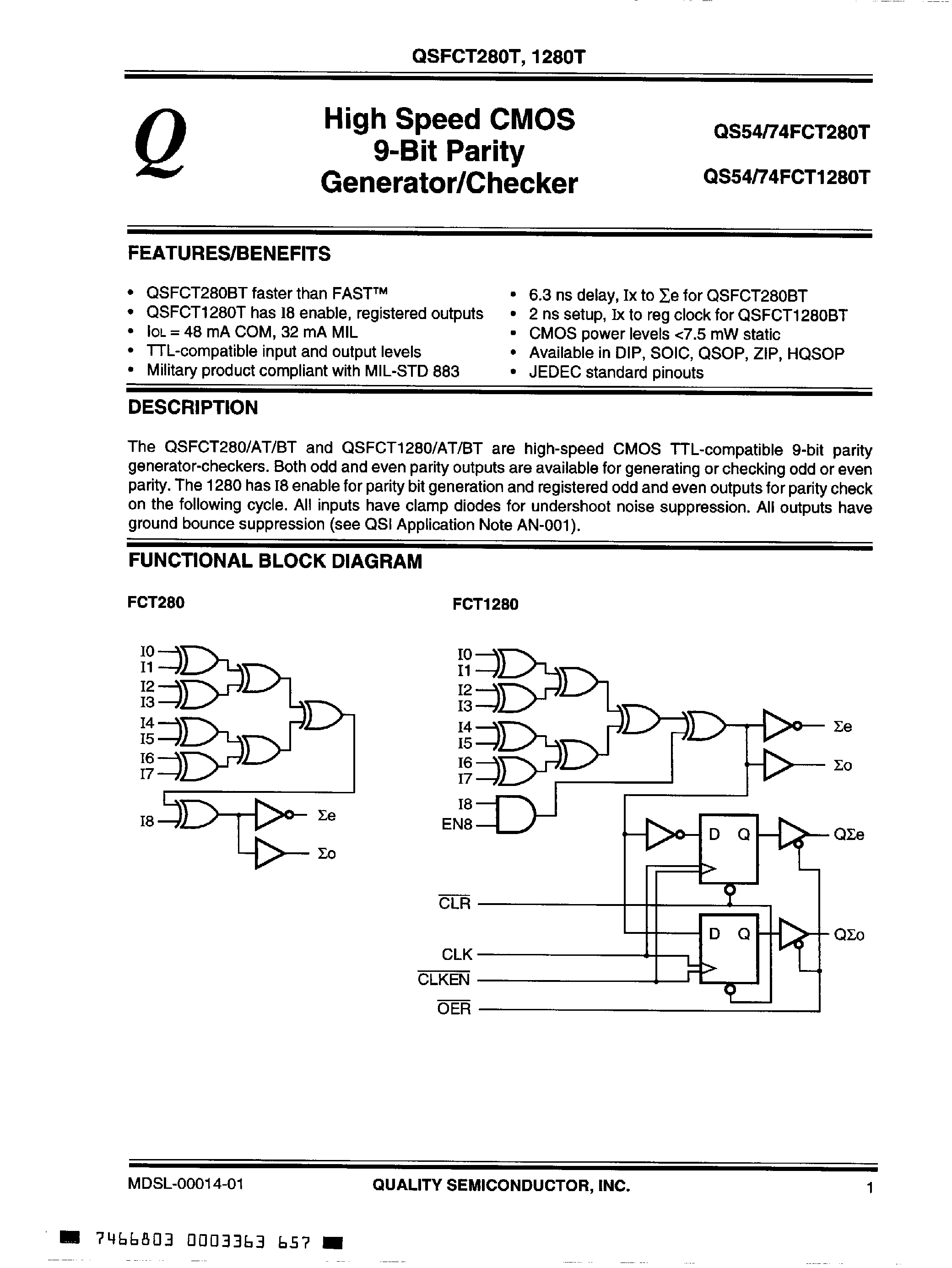 Datasheet QS74FCT1280T - High Speed CMOS 9 Bit Parity Generator / Checker page 1