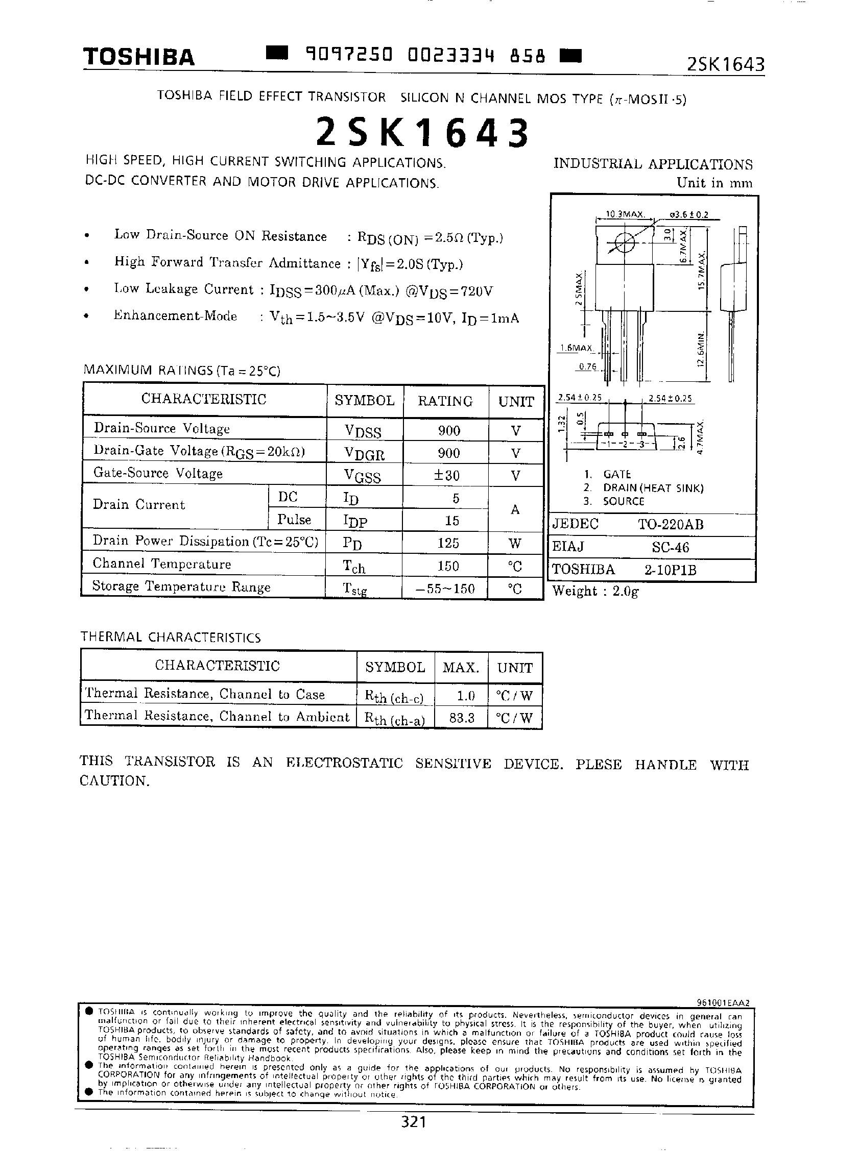 Datasheet 2SK1643 - Field Effect Transistor / Silicon N Channel MOS Type page 1